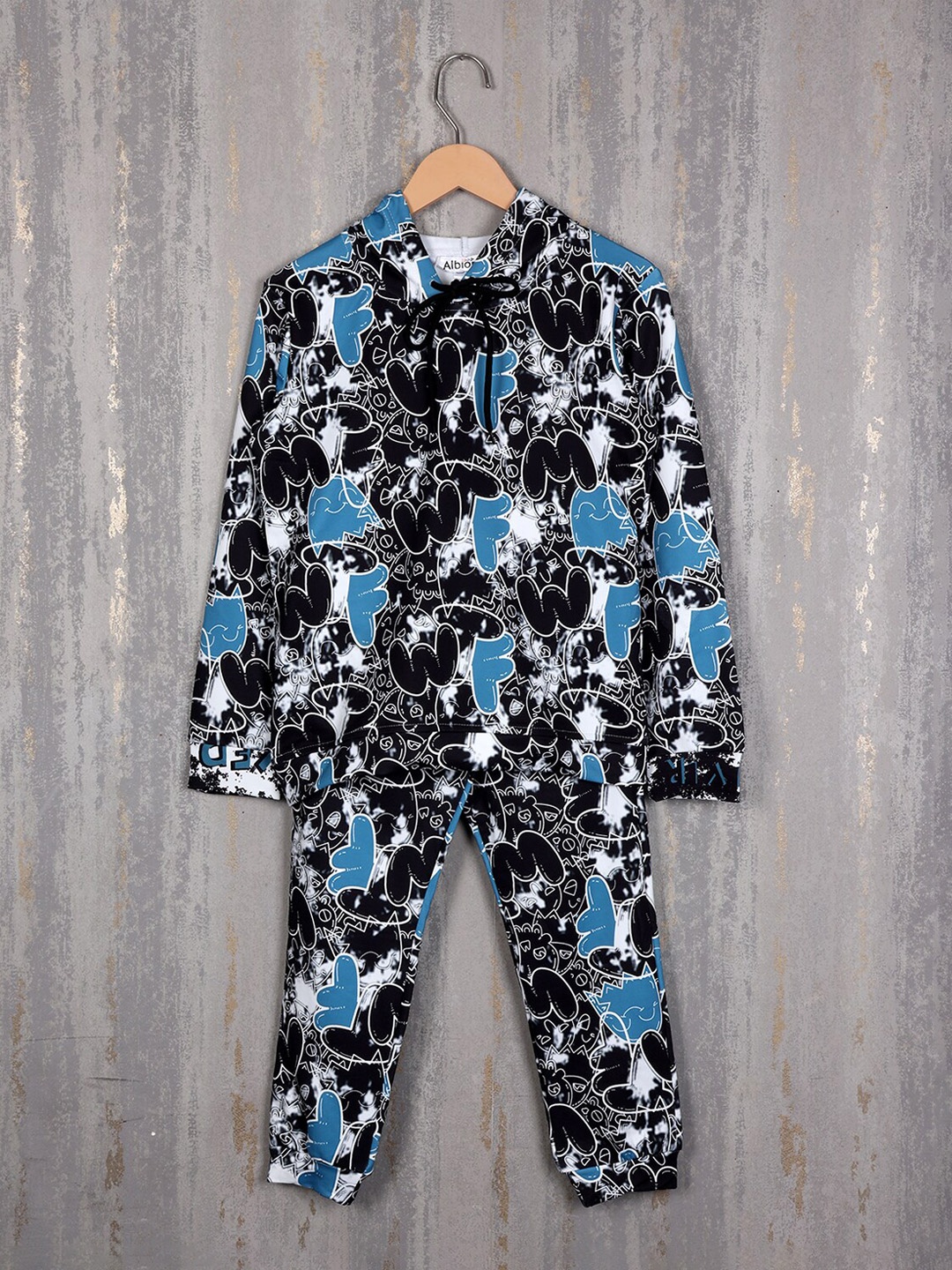 

Albion Boys Typography Printed Pure Cotton Hooded Tracksuits, Black