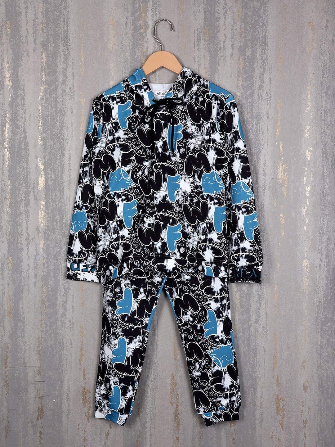 

Albion Boys Typography Printed Pure Cotton Hooded Tracksuits, Black
