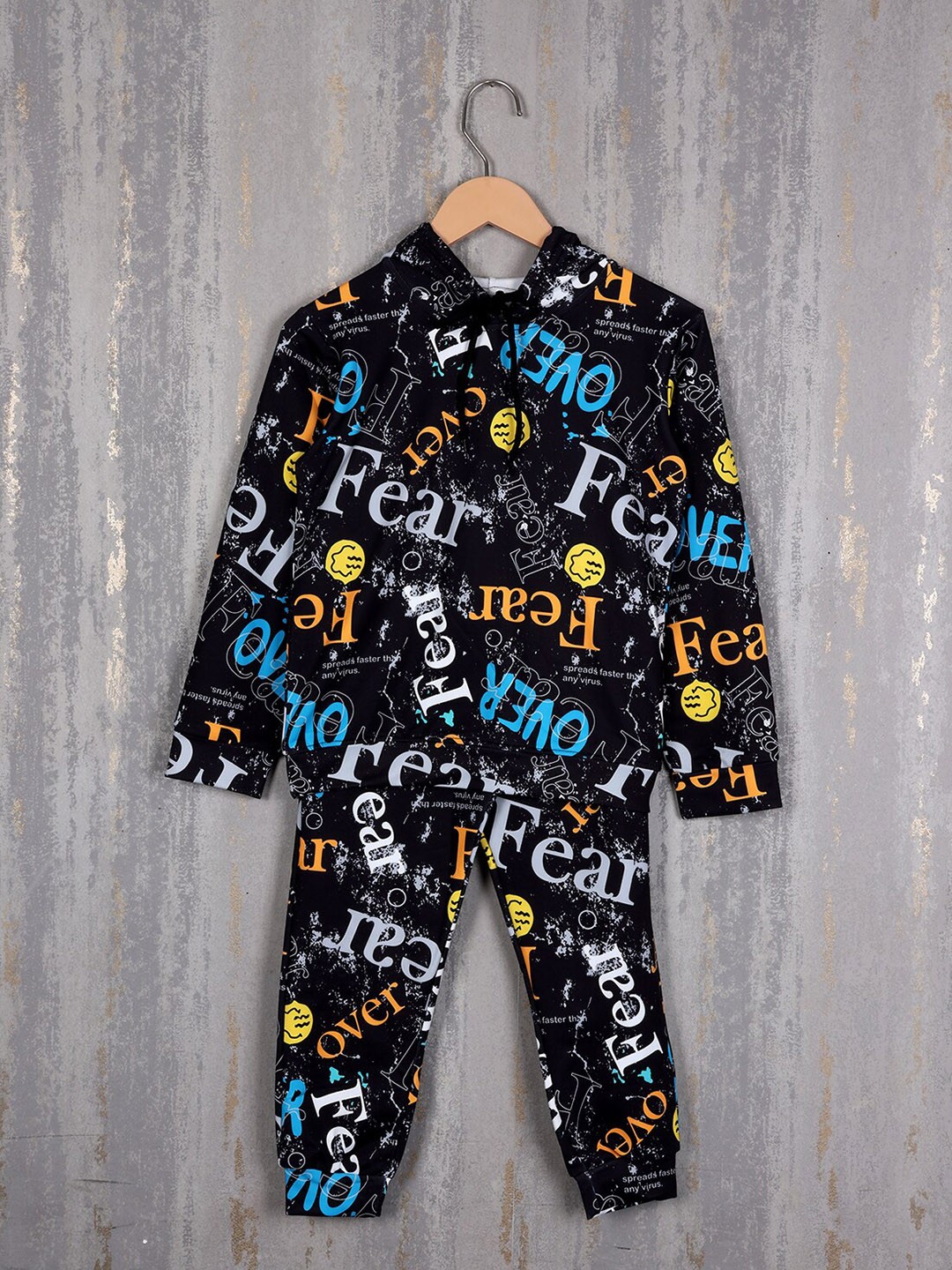 

Albion Boys Typography Printed Pure Cotton Hooded Tracksuits, Black
