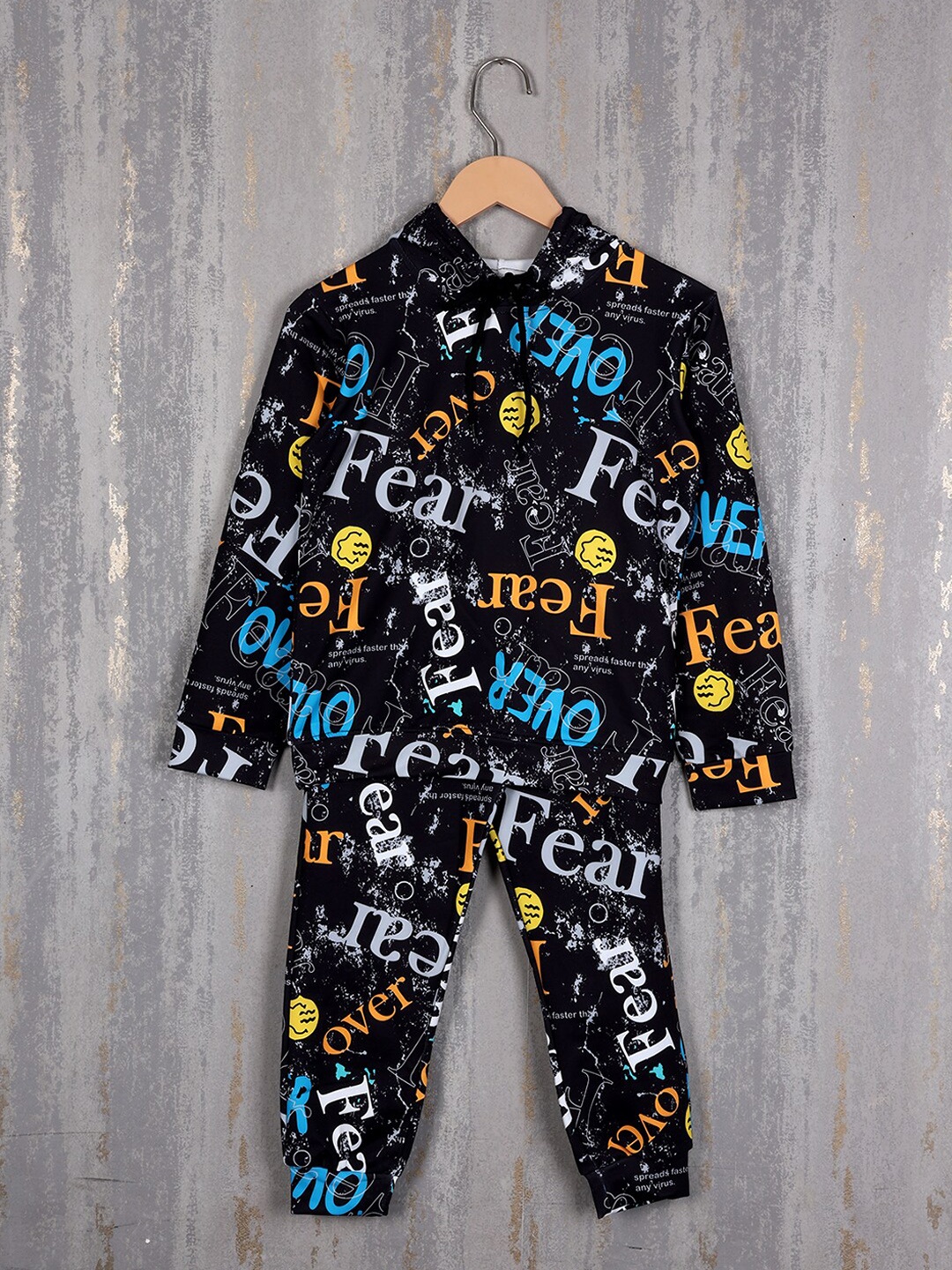 Albion Boys Typography Printed Pure Cotton Hooded Tracksuits, Black