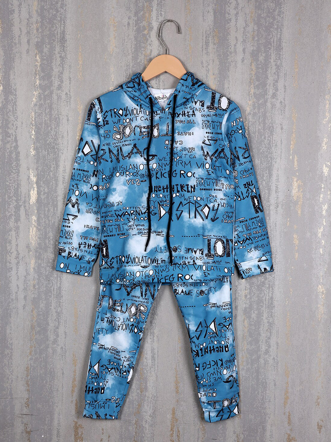 

Albion Boys Typography Printed Pure Cotton Hooded Tracksuits, Blue