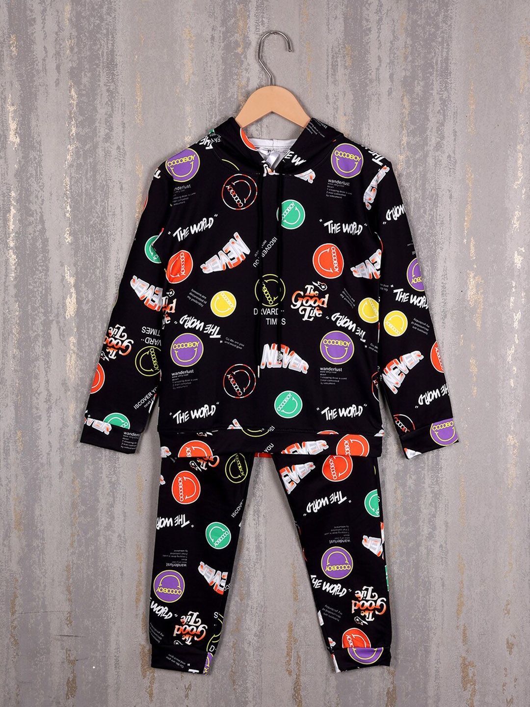 

Albion Boys Typography Printed Pure Cotton Hooded Tracksuits, Black