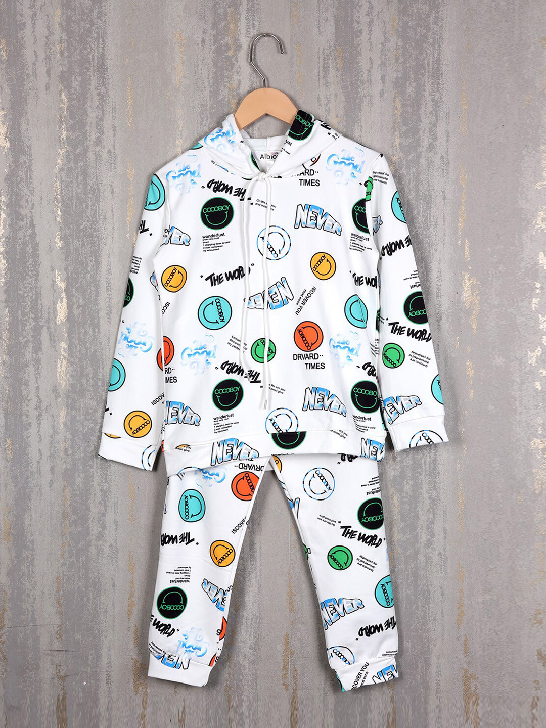 

Albion Boys Typography Printed Pure Cotton Hooded Tracksuits, White