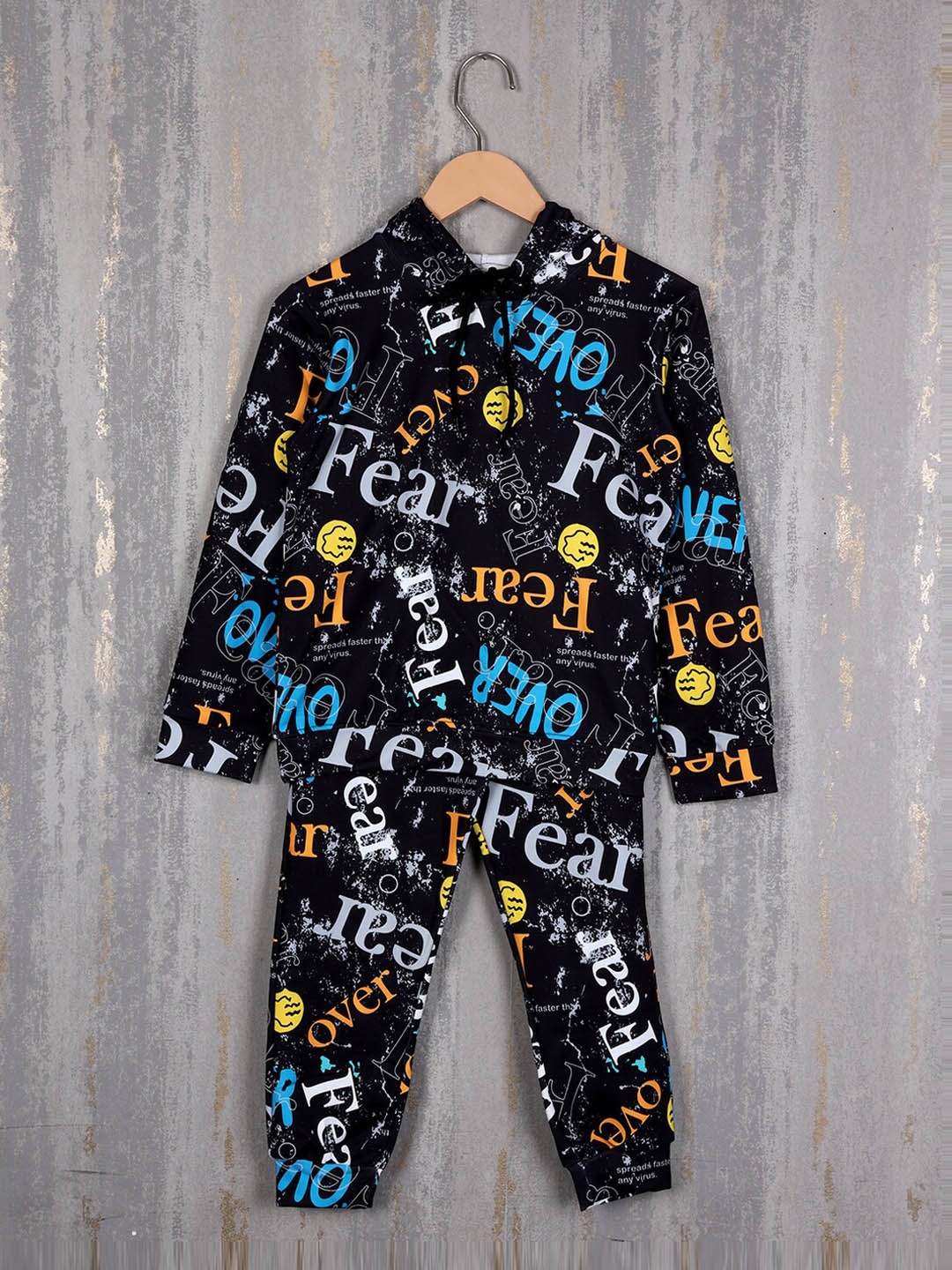 

Albion Boys Printed Hooded Pure Cotton Tshirt & Trouser, Black