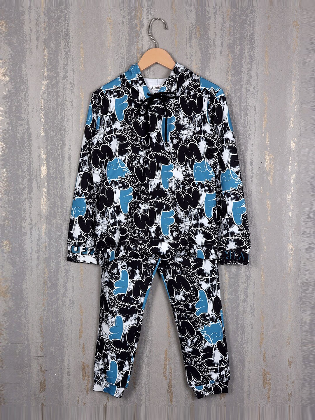 

Albion Boys Typography Printed Pure Cotton Hooded Tracksuits, Black