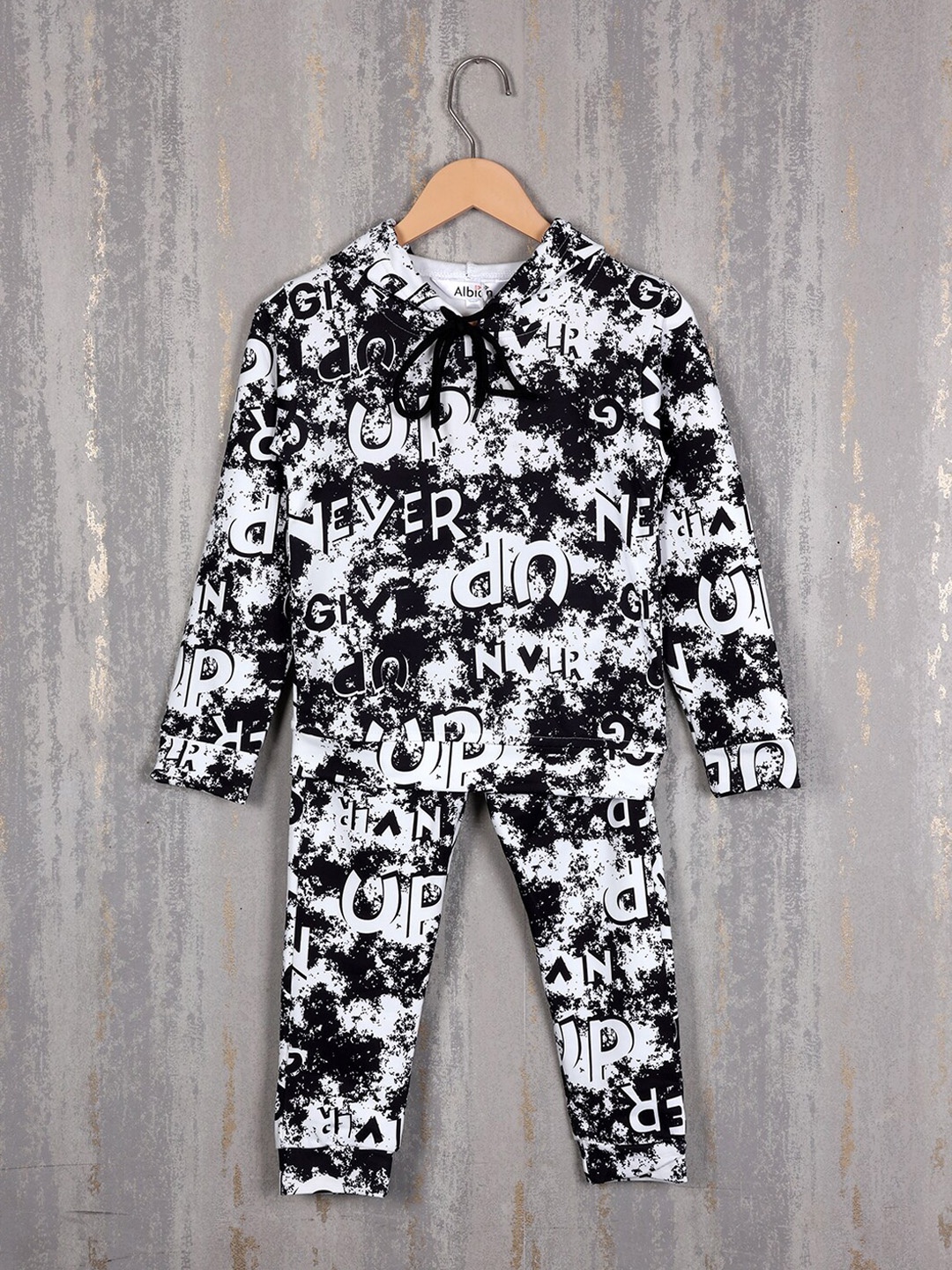 Albion Boys Typography Printed Pure Cotton Hooded Tracksuits, White