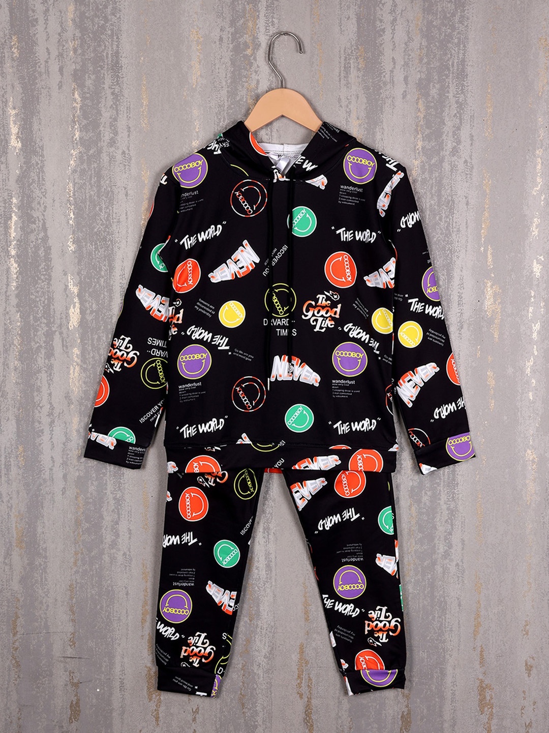 

Albion Boys Conversational Printed Pure Cotton Hooded Tracksuits, Black
