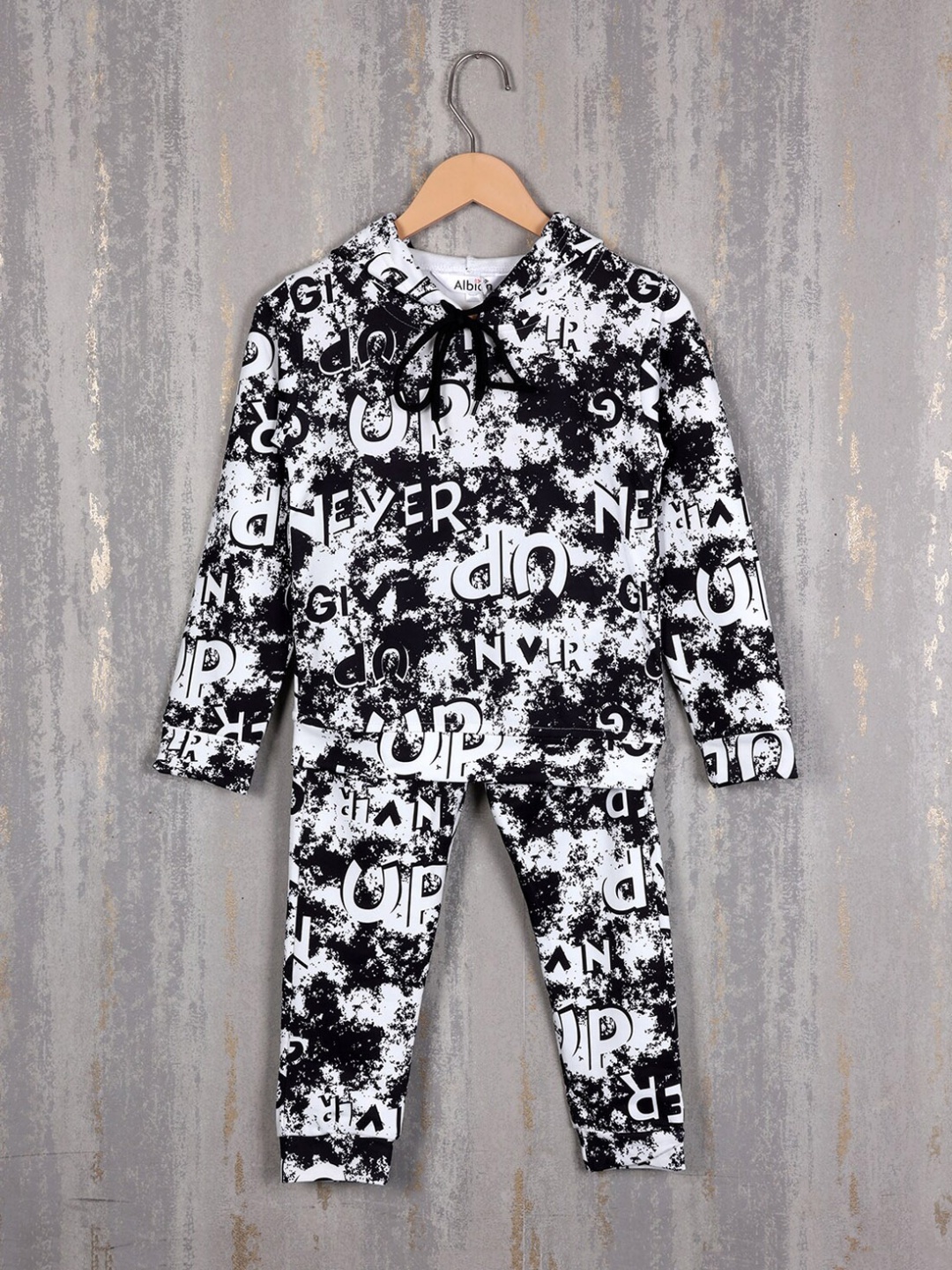 

Albion Boys Typography Printed Hooded Pure Cotton Tracksuits, Black