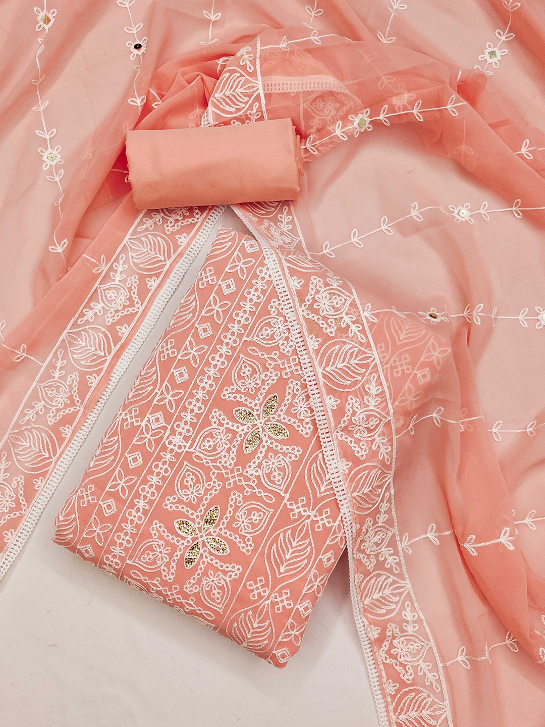 

KALINI Floral Embroidered Unstitched Dress Material, Peach