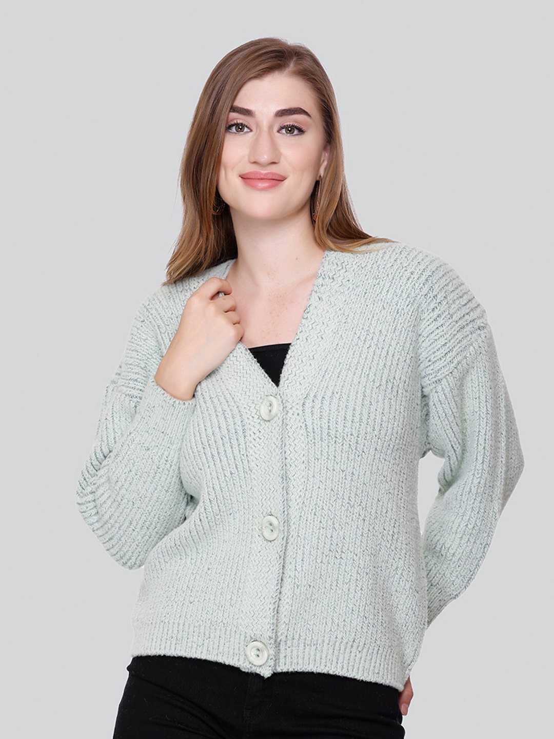 

Winter Wonders Ribbed Woollen Cardigan, Sea green