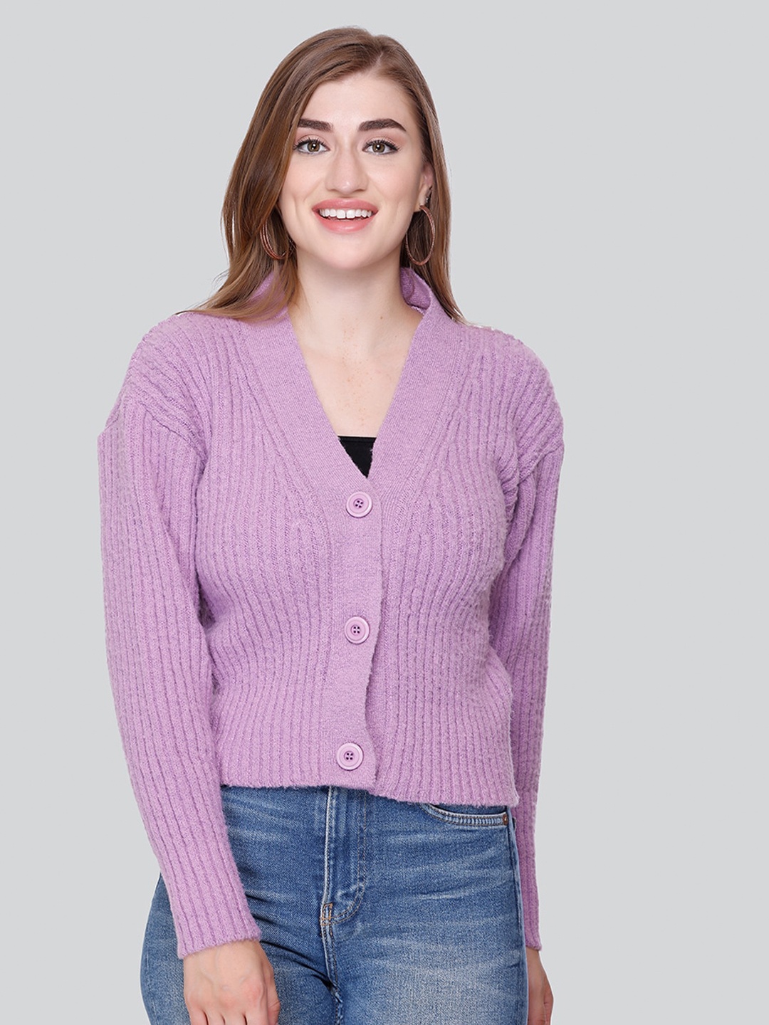 

Winter Wonders Cable Knit Woollen Crop Cardigan, Lavender