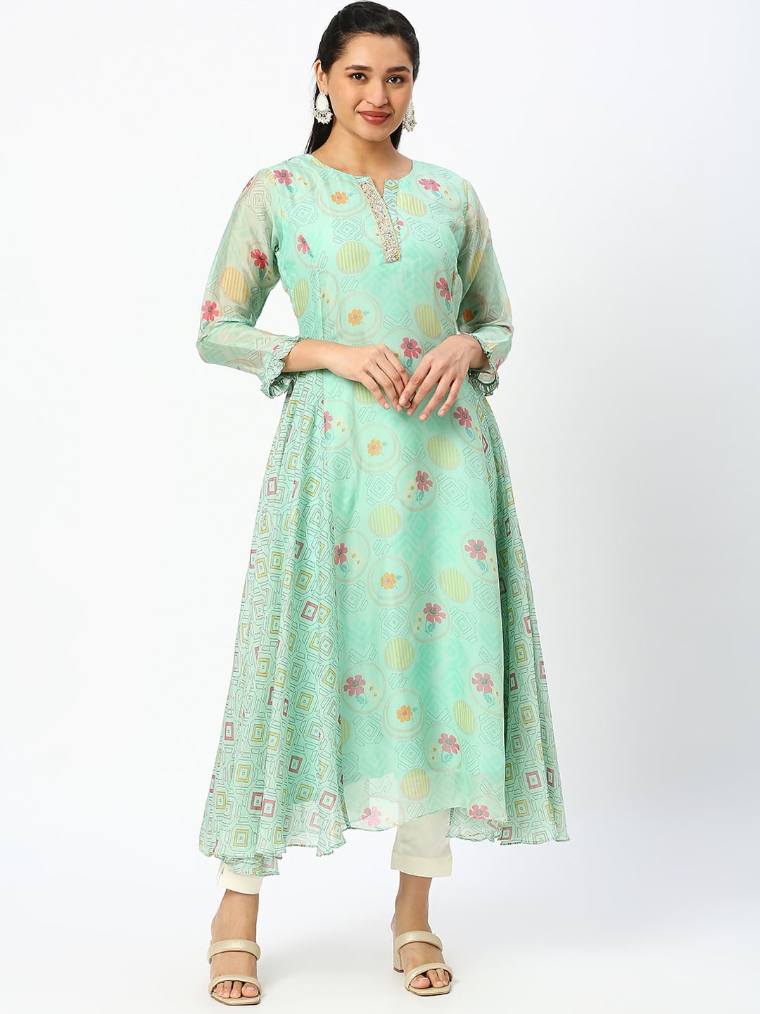 

DRESSLINE Floral Printed Bead Work Anarkali Organza Kurta, Green