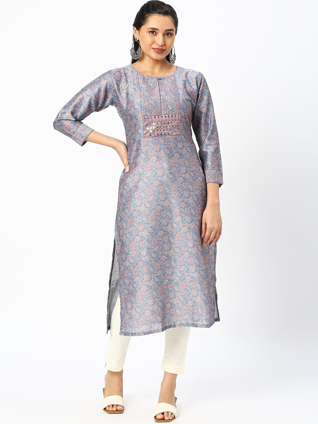 

DRESSLINE Floral Printed Sequined Straight Kurta, Blue