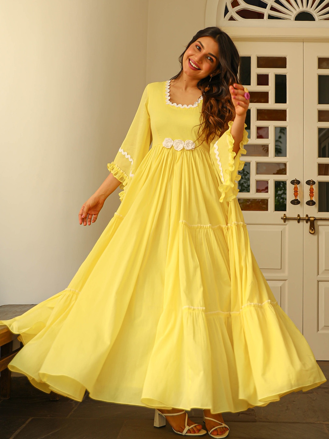 

Bunaai Bell Sleeves Gathered or Pleated Cotton Fit and Flare Maxi Ethnic Dress, Yellow