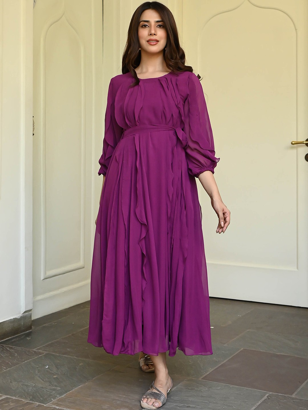 

Bunaai Puff Sleeves Ruffles Georgette Fit & Flared Maxi Dress, Purple