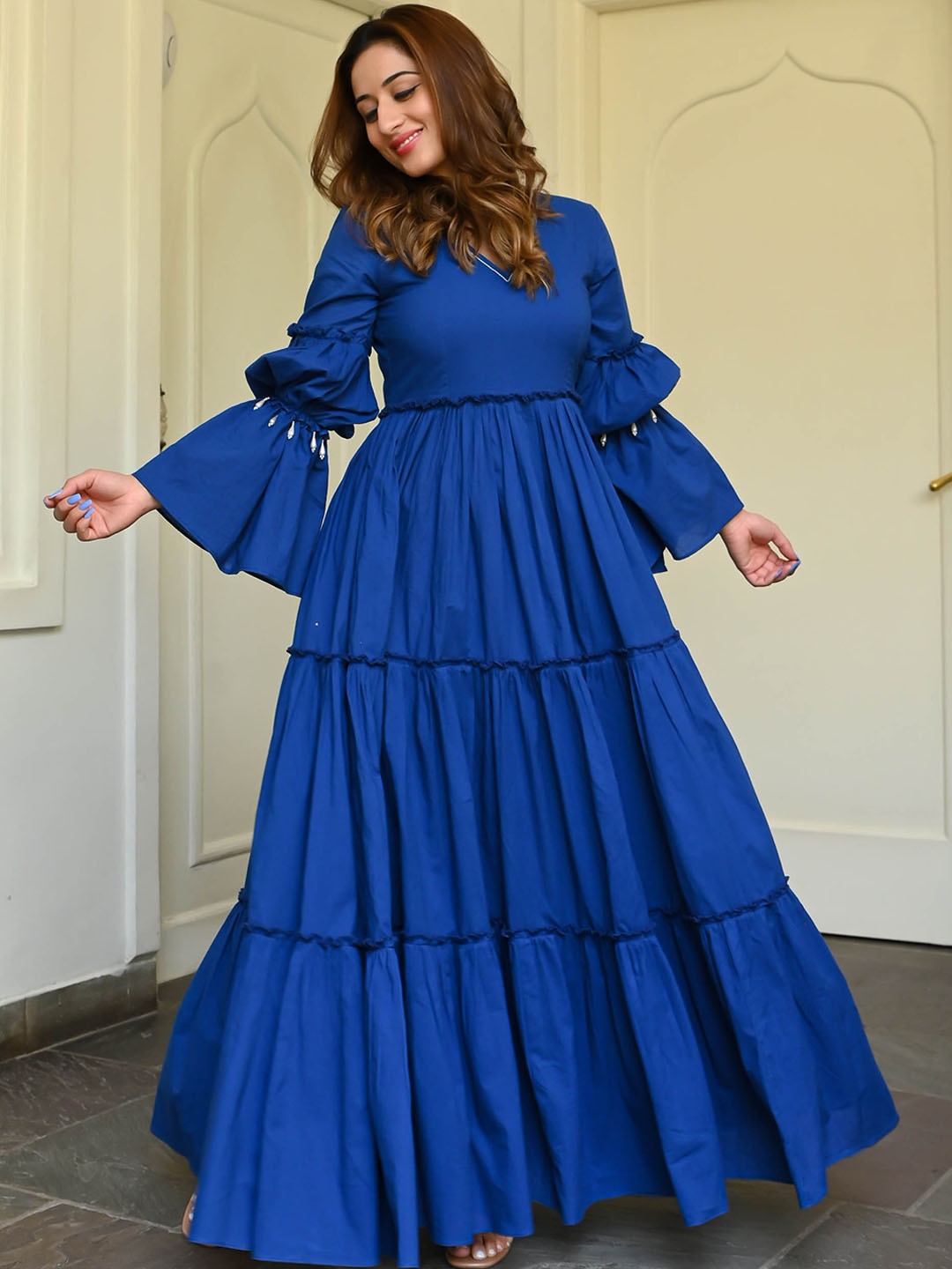 

Bunaai Bell Sleeves V Neck Cotton Tiered Fit and Flared Maxi Dresses, Blue
