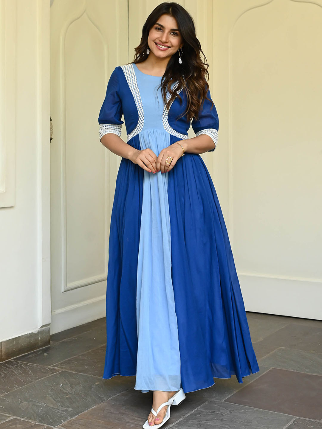 

Bunaai Round Neck Cotton Fit and Flared Maxi Ethnic Dress, Blue