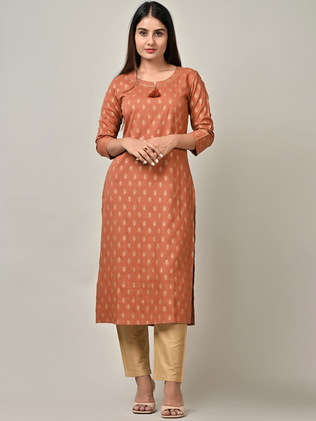 

PUKHYA Ethnic Motifs Printed Straight Kurta, Brown