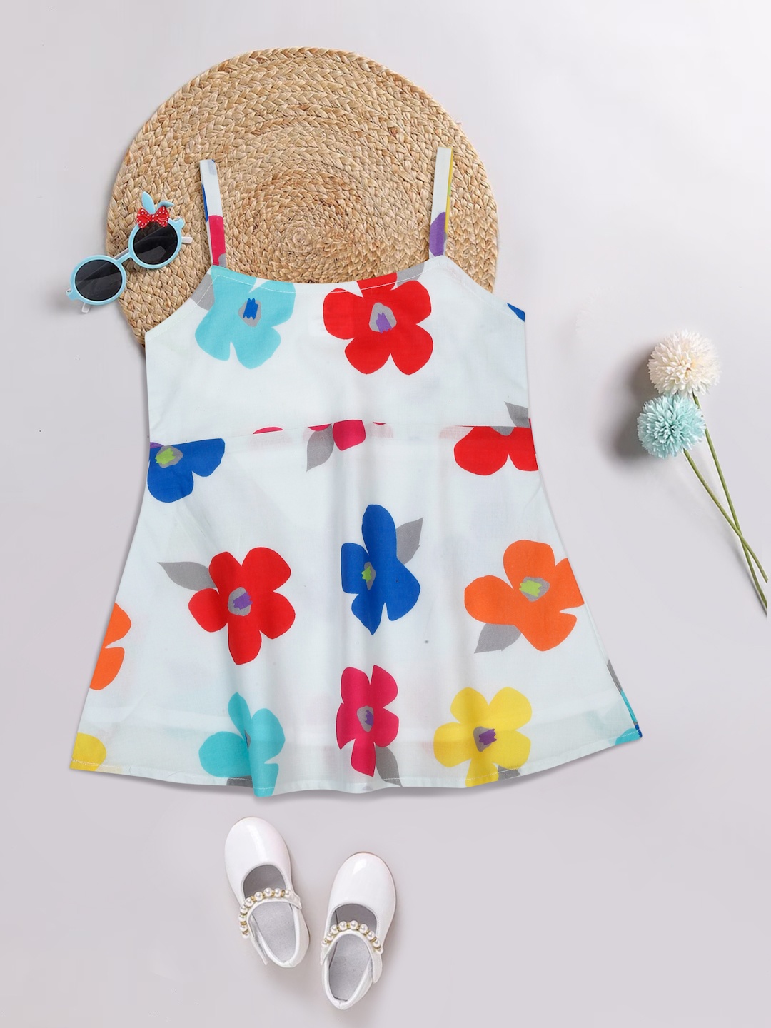 

Little Musketeer Girls Floral Printed Cotton Shoulder Straps A-Line Dress, White