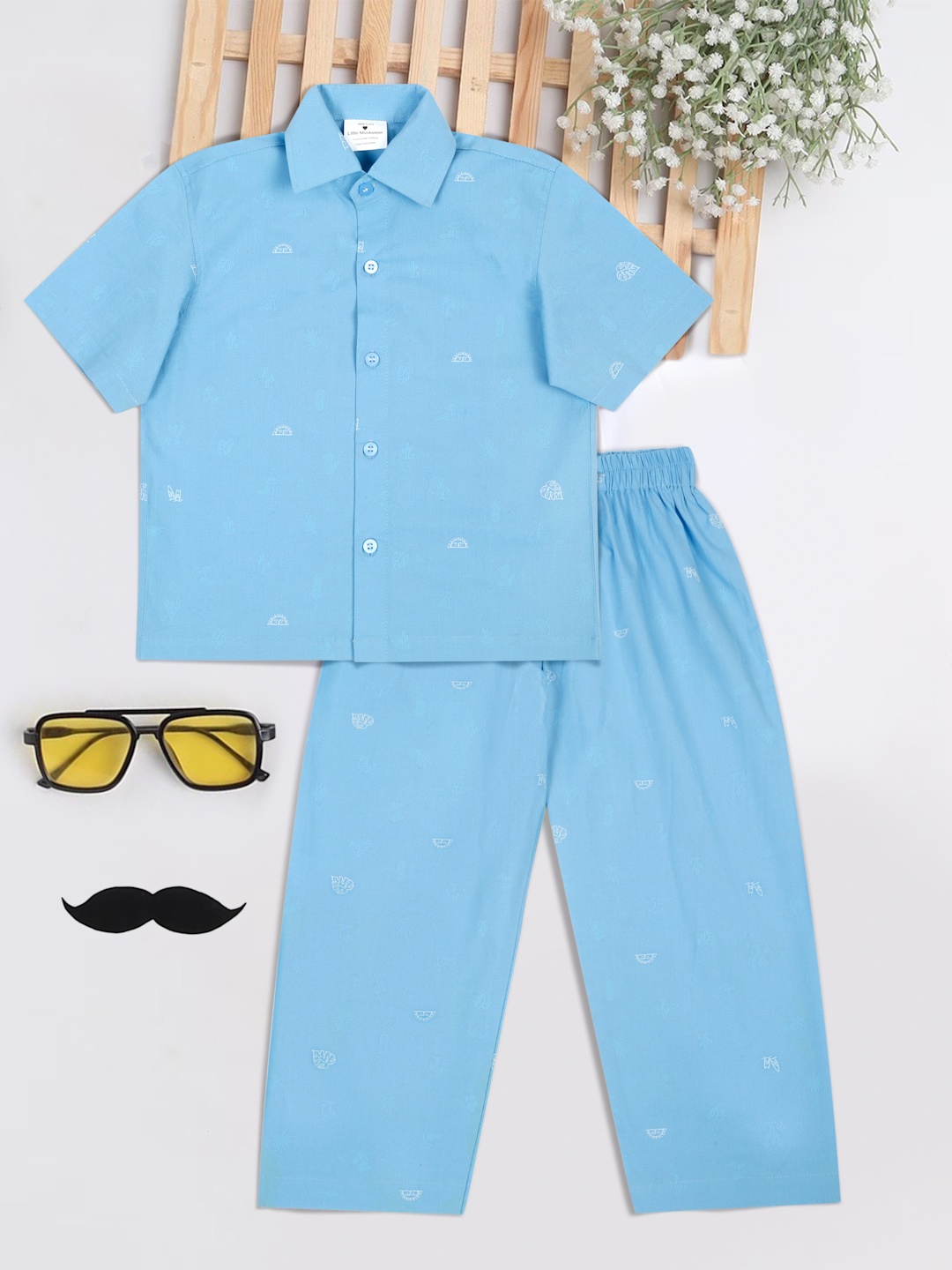 

Little Musketeer Boys Conversational Printed Shirt Collar Pure Cotton Clothing Set, Blue