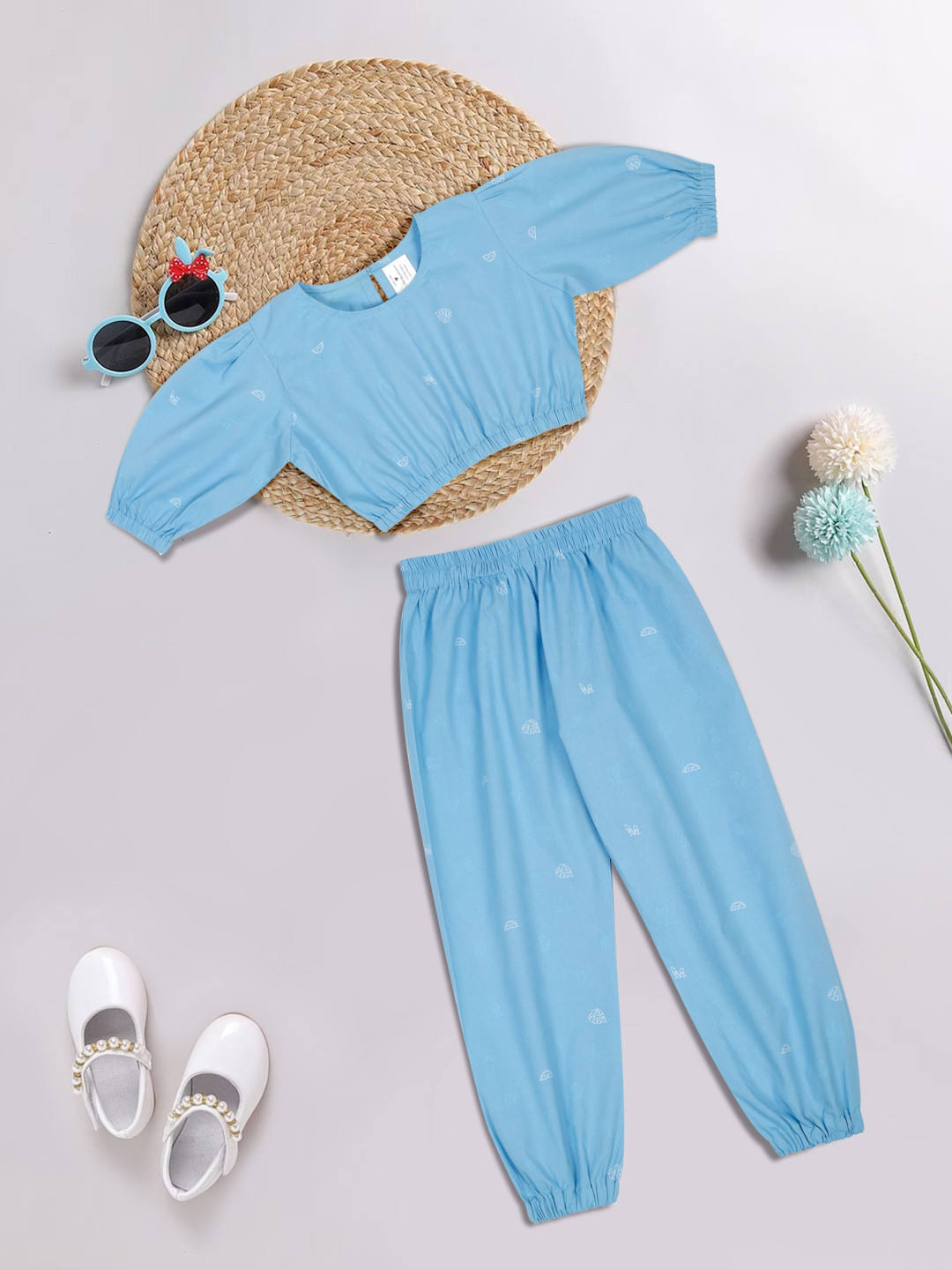 

Little Musketeer Girls Conversational Printed Puff Sleeve Pure Cotton Clothing Set, Blue