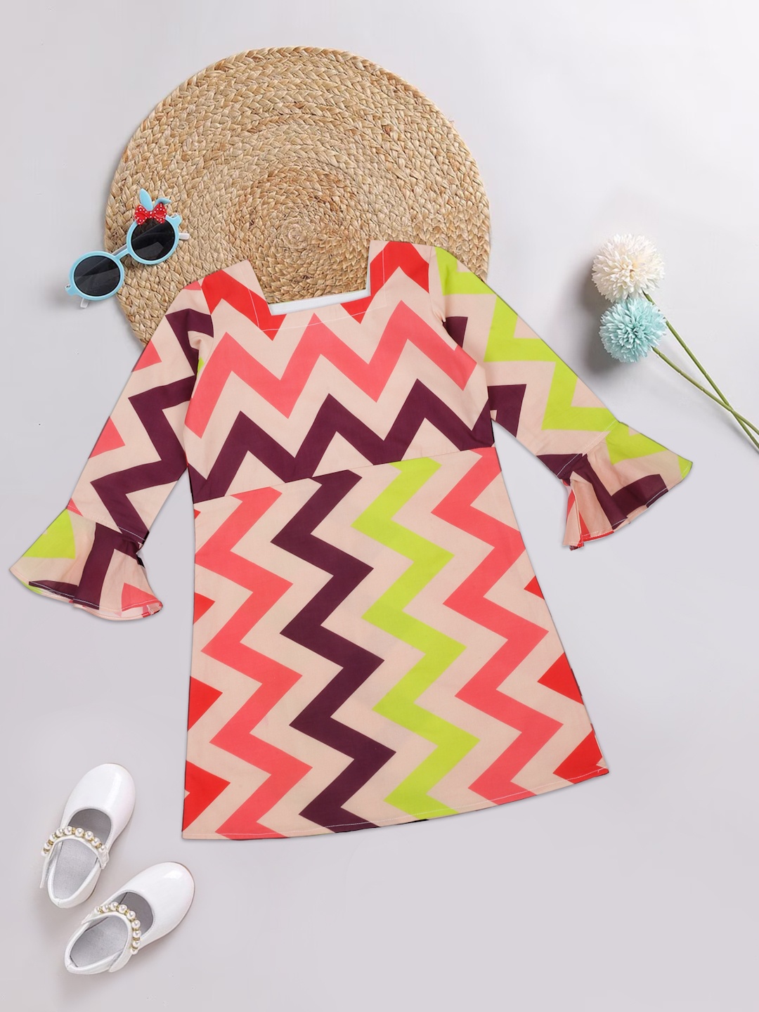 

Little Musketeer Girls Geometric Printed Square Neck Bell Sleeve Cotton Tunic, Peach