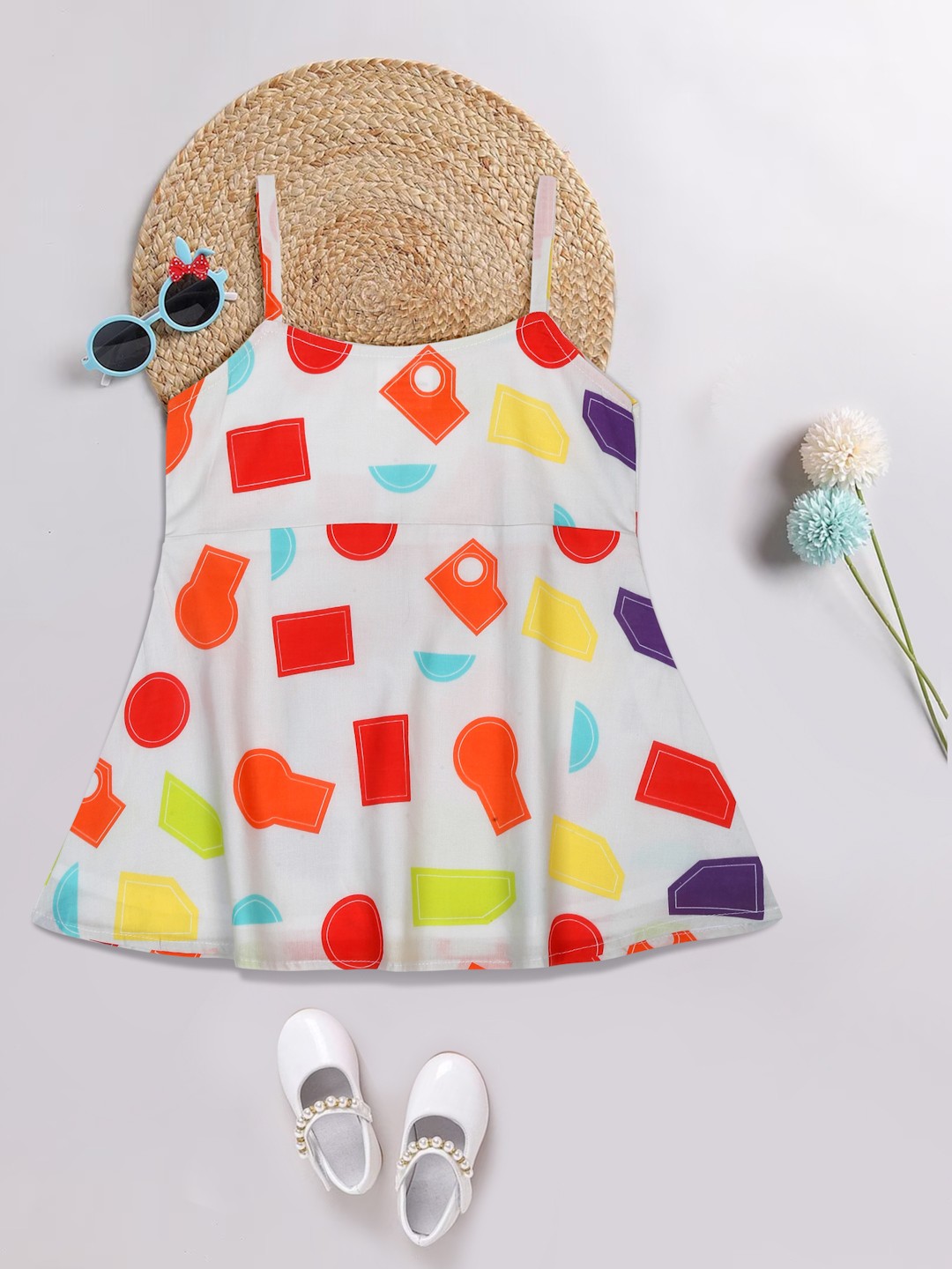 

Little Musketeer Girls Geometric Printed Shoulder Straps Cotton A-Line Dress, White