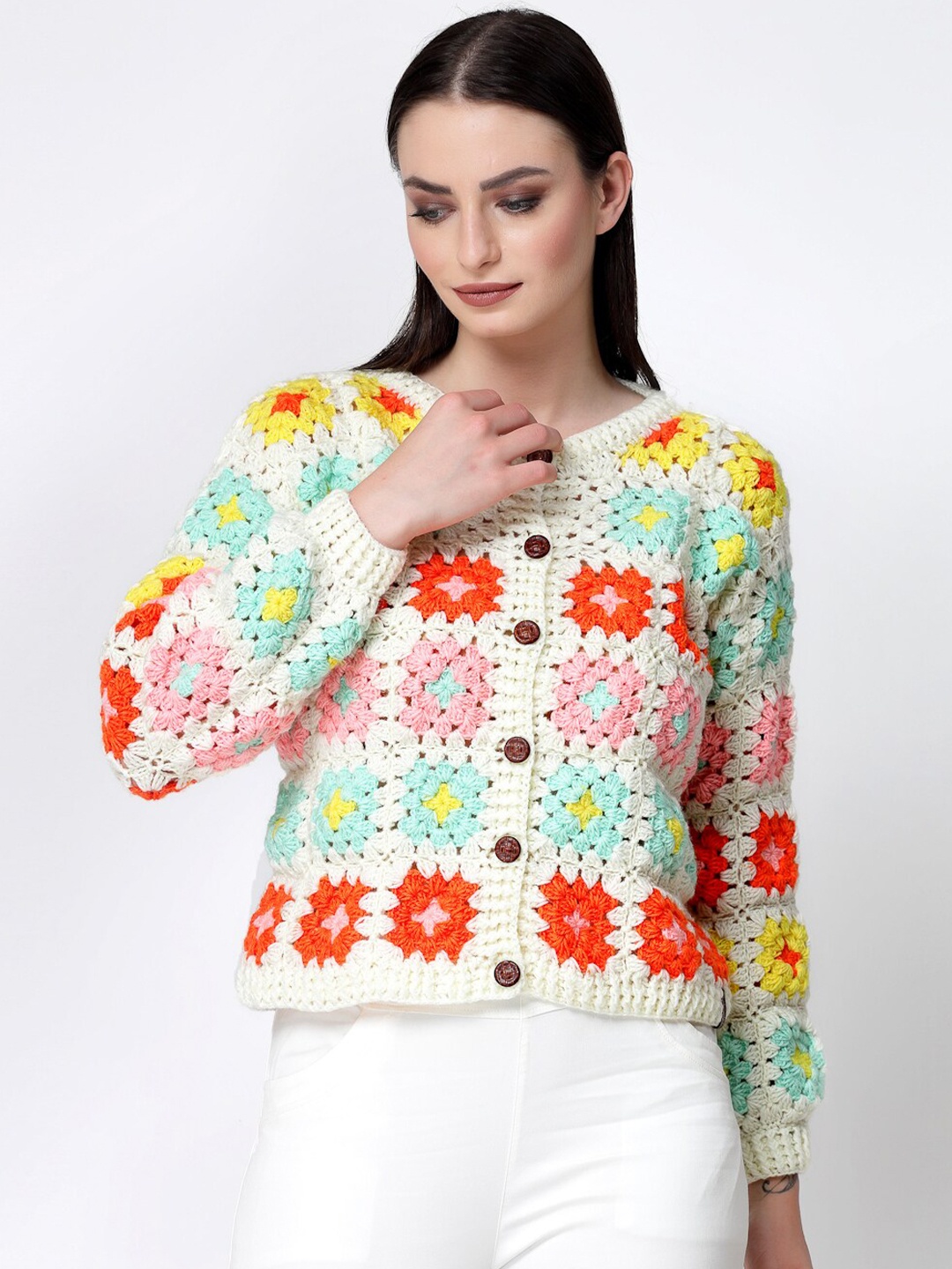 

Velvery Open Knit Crochet Acrylic Cardigan, White