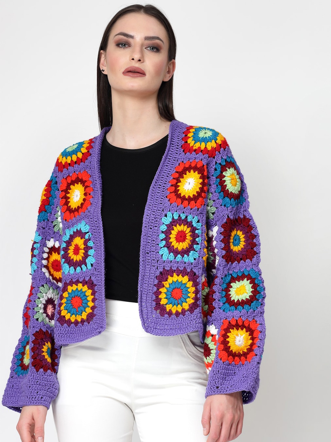 

Velvery Crochet Granny Square Acrylic Front Open Sweater, Purple