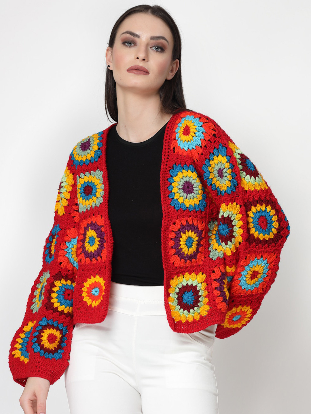 

Velvery Crochet Granny Square Acrylic Front Open Sweater, Red
