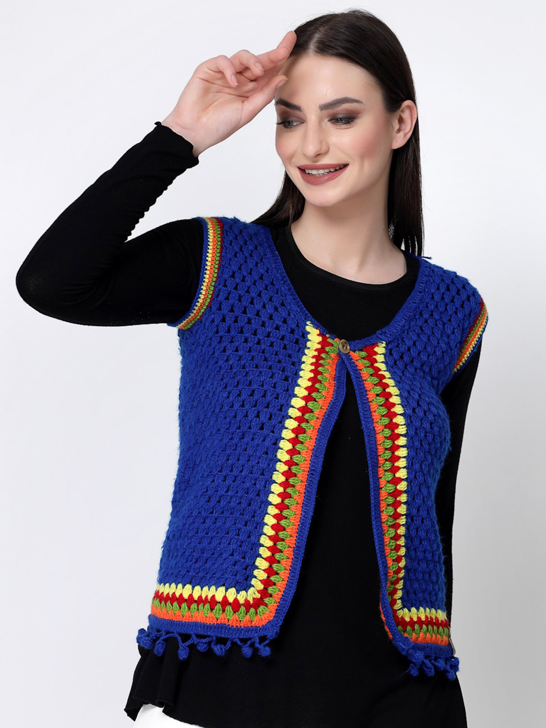 

Velvery Self Design Crochet Front Open Acrylic Sweater, Blue