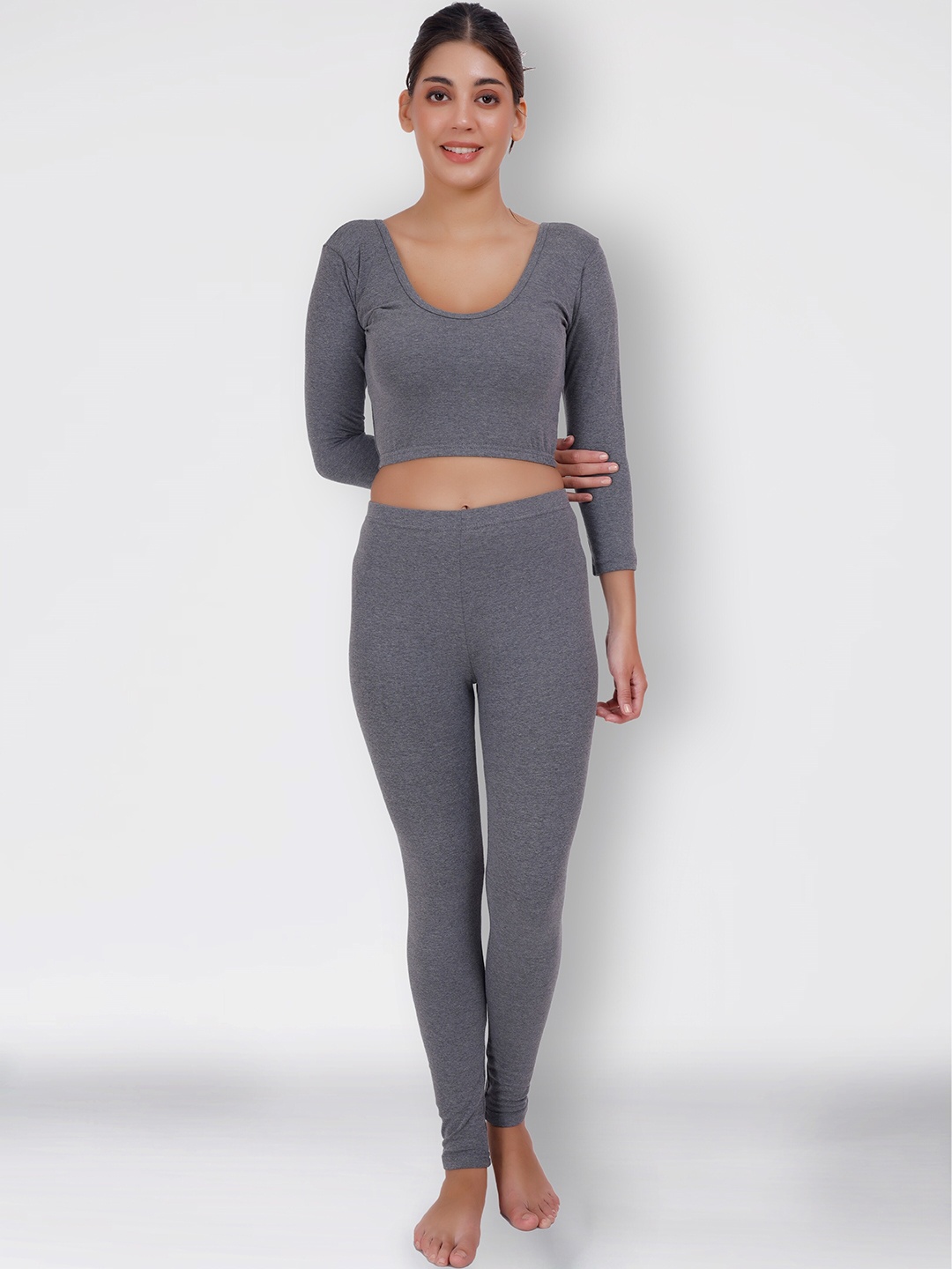 

SELFCARE Ribbed Round Neck Crop Top With Trousers, Charcoal
