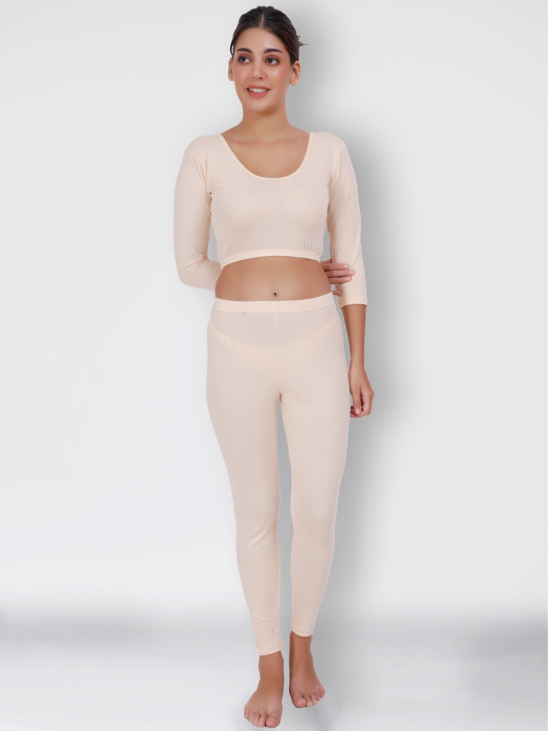 

SELFCARE Ribbed Round Neck Crop Top With Trousers, Beige