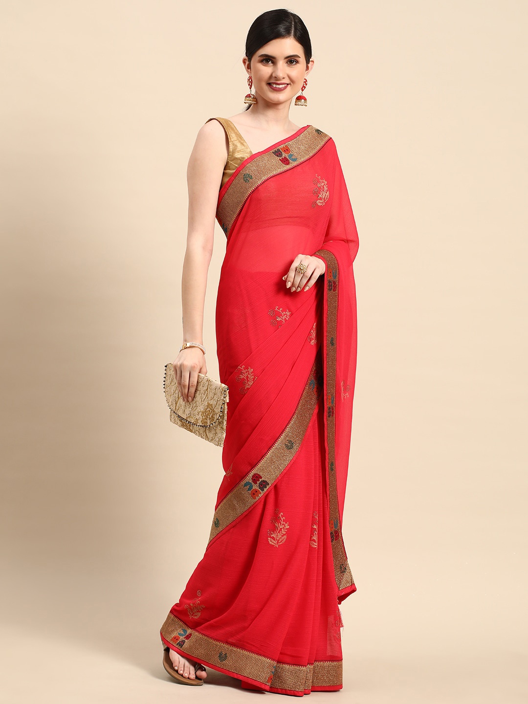 

Mitera Floral Embroidered Embellished Beads & Stones Pure Silk Saree, Pink