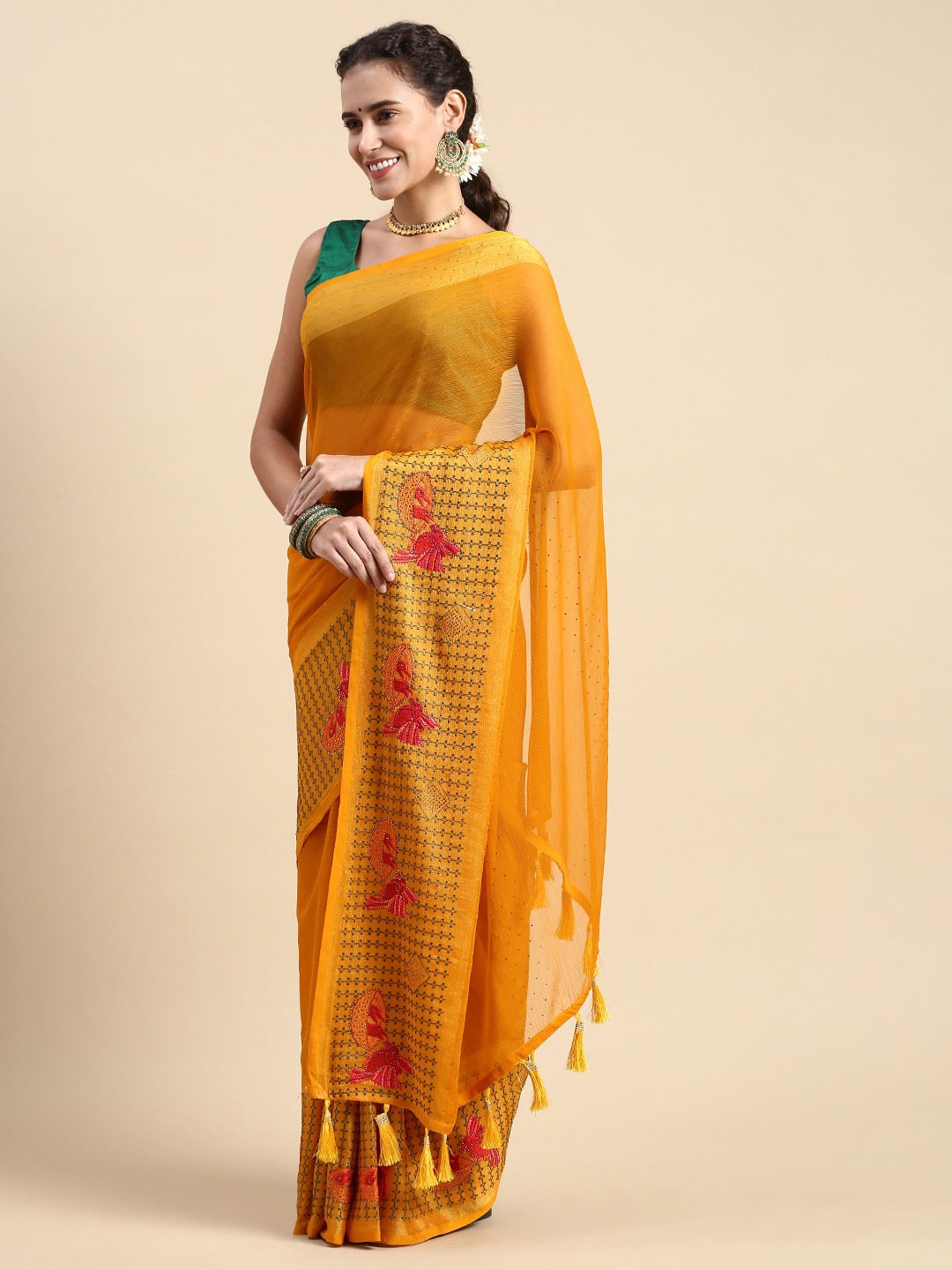 

Mitera Embellished Beads and Stones Saree, Yellow