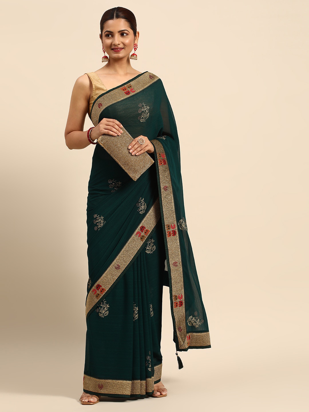 

Mitera Floral Printed Embellished Beads and Stones Pure Silk Saree, Green