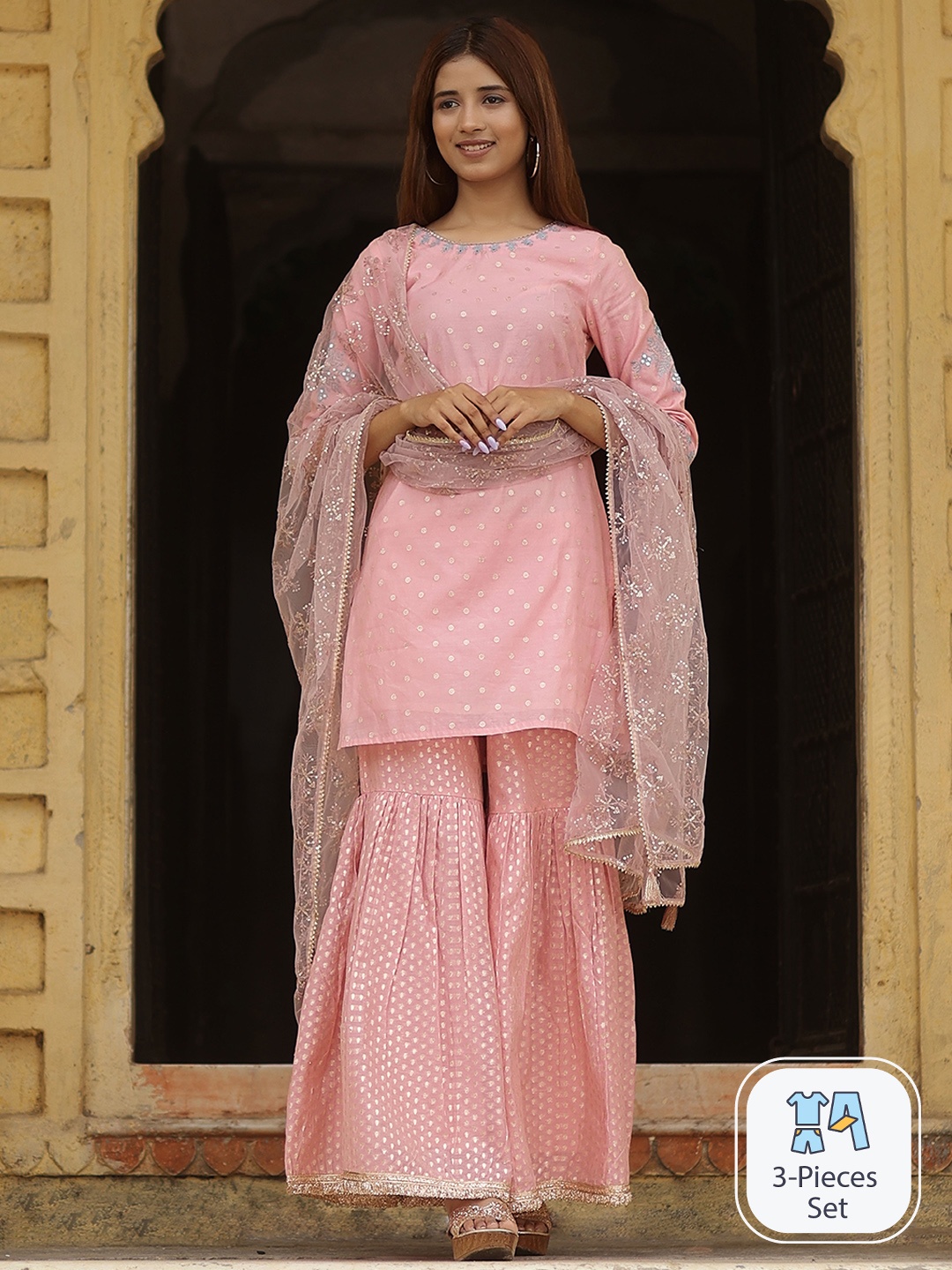 KASYA Floral Embroidered Sequinned Kurta With Sharara & Dupatta, Pink