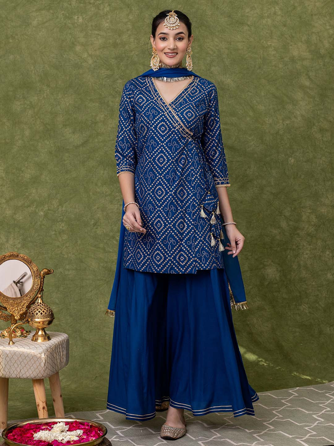 

KASYA Bandhani Printed Angrakha Kurta With Sharara & Dupatta, Blue