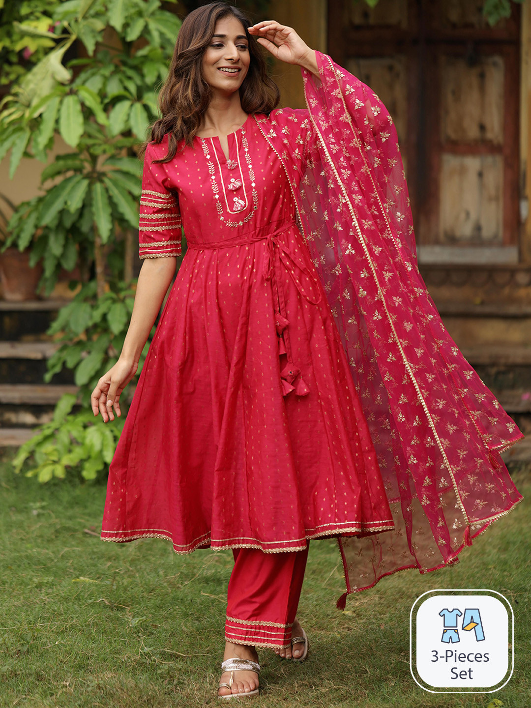 

KASYA Floral Embroidered Anarkali Kurta With Trousers & Dupatta, Pink