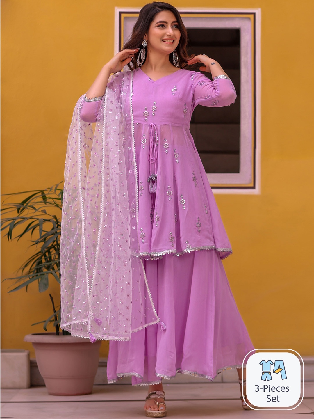 

KASYA Floral Embroidered Regular Kurta with Palazzos & Dupatta, Lavender
