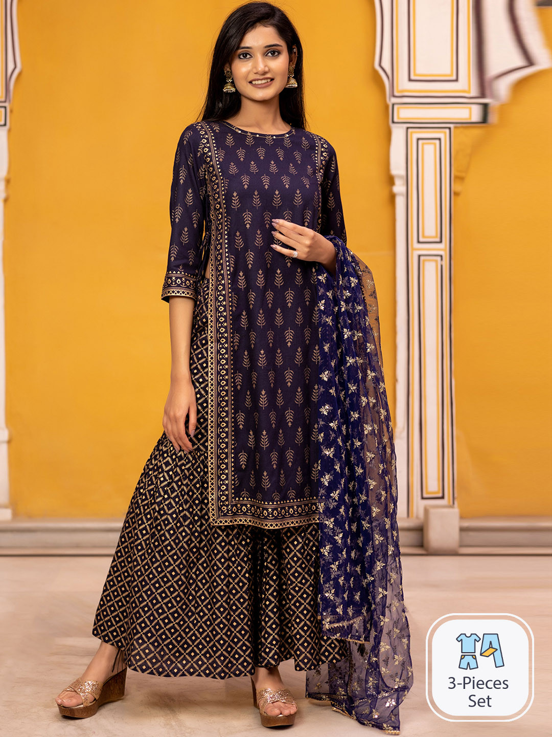 

KASYA Ethnic Motifs Printed Regular Kurta with Sharara & Dupatta, Navy blue