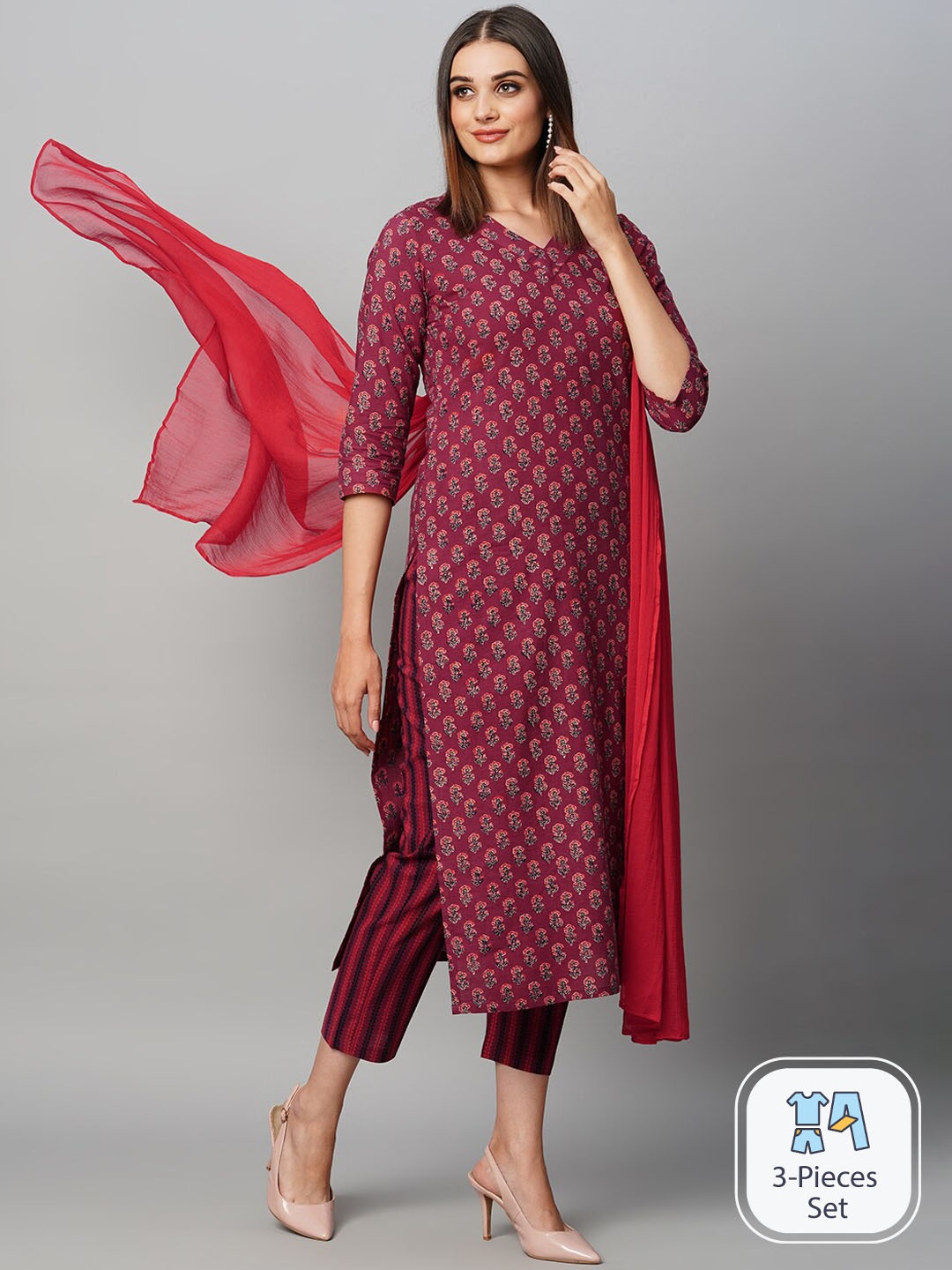 

KALINI Ethnic Motifs Printed Kurta With Trousers & Dupatta, Burgundy