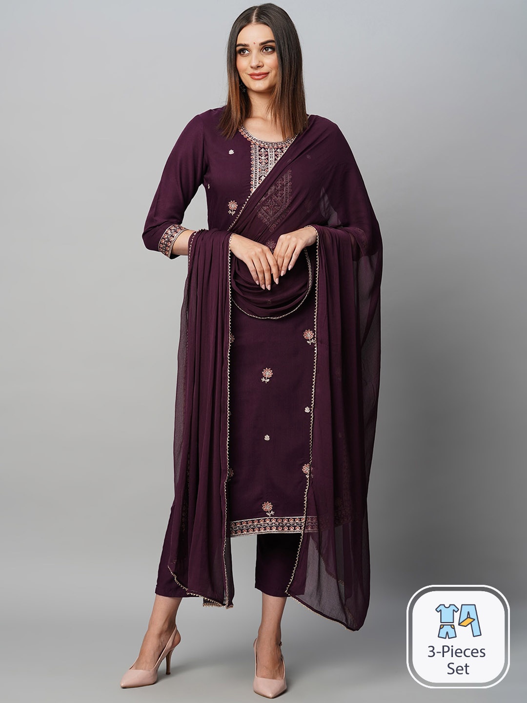 

KALINI Floral Embroidered Regular Kurta with Trousers & Dupatta, Burgundy