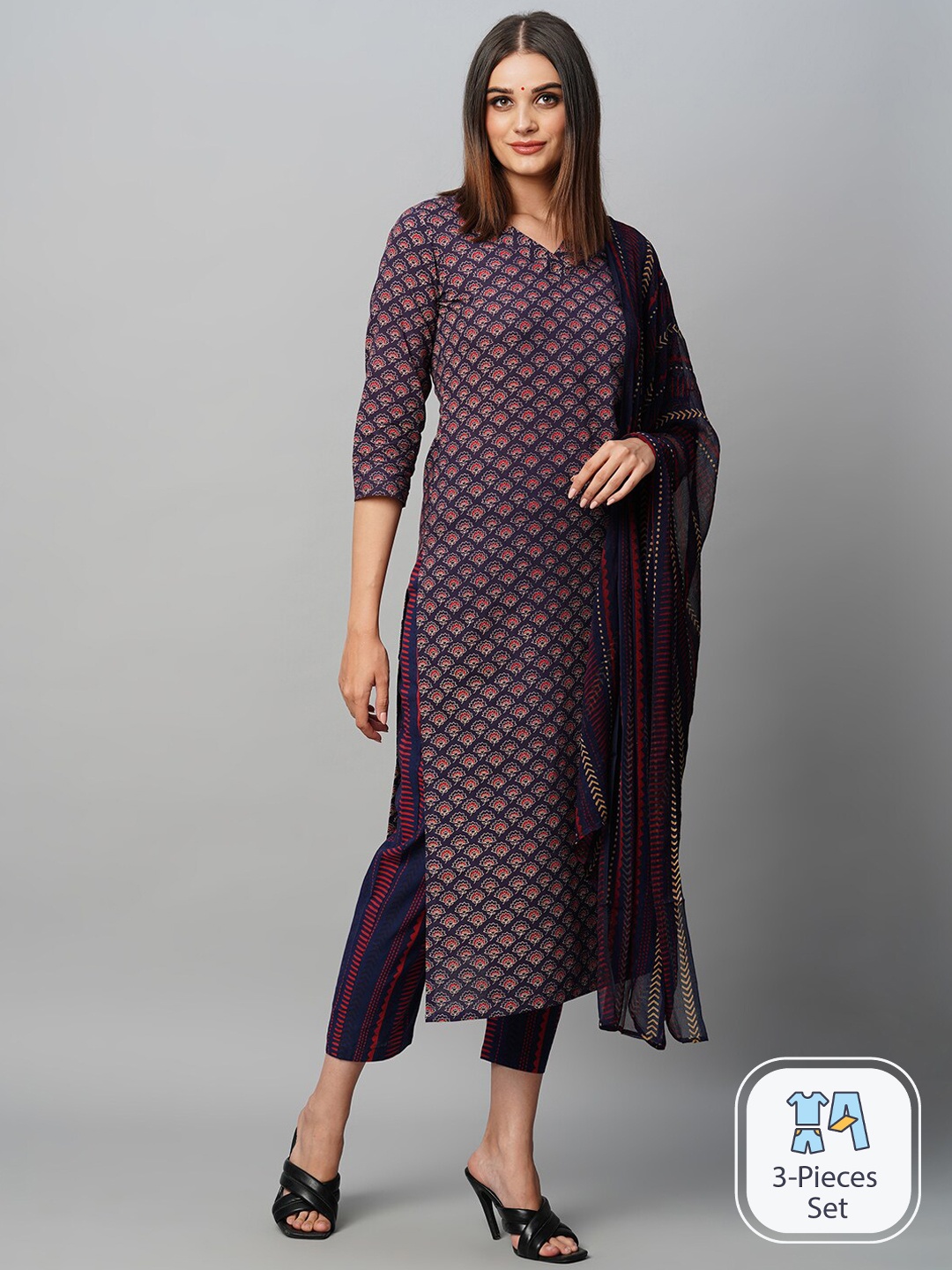 

KALINI Floral Printed Regular Kurta with Trousers & With Dupatta, Blue