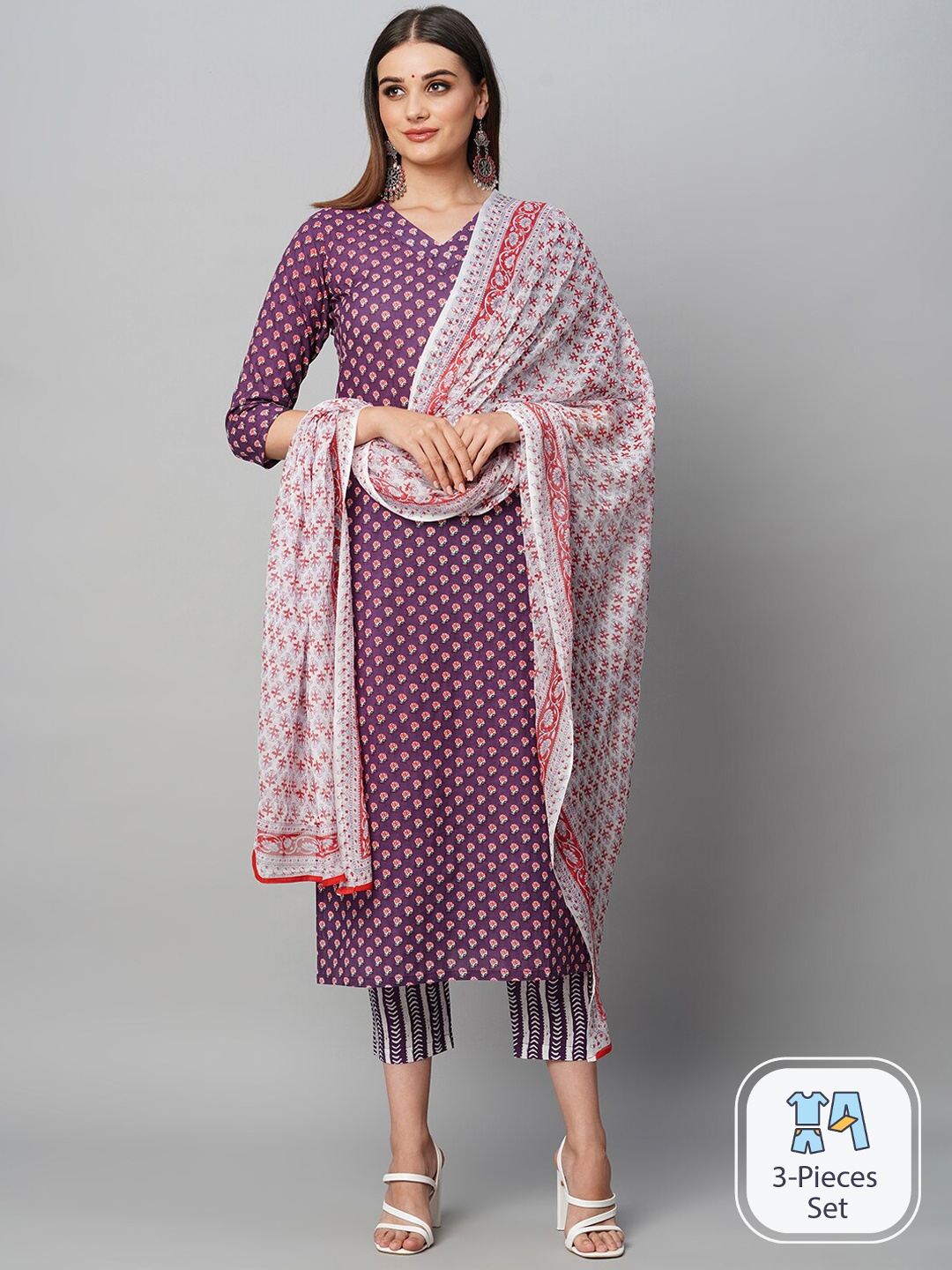 

KALINI Ethnic Motifs Printed Kurta With Trousers & Dupatta, Burgundy