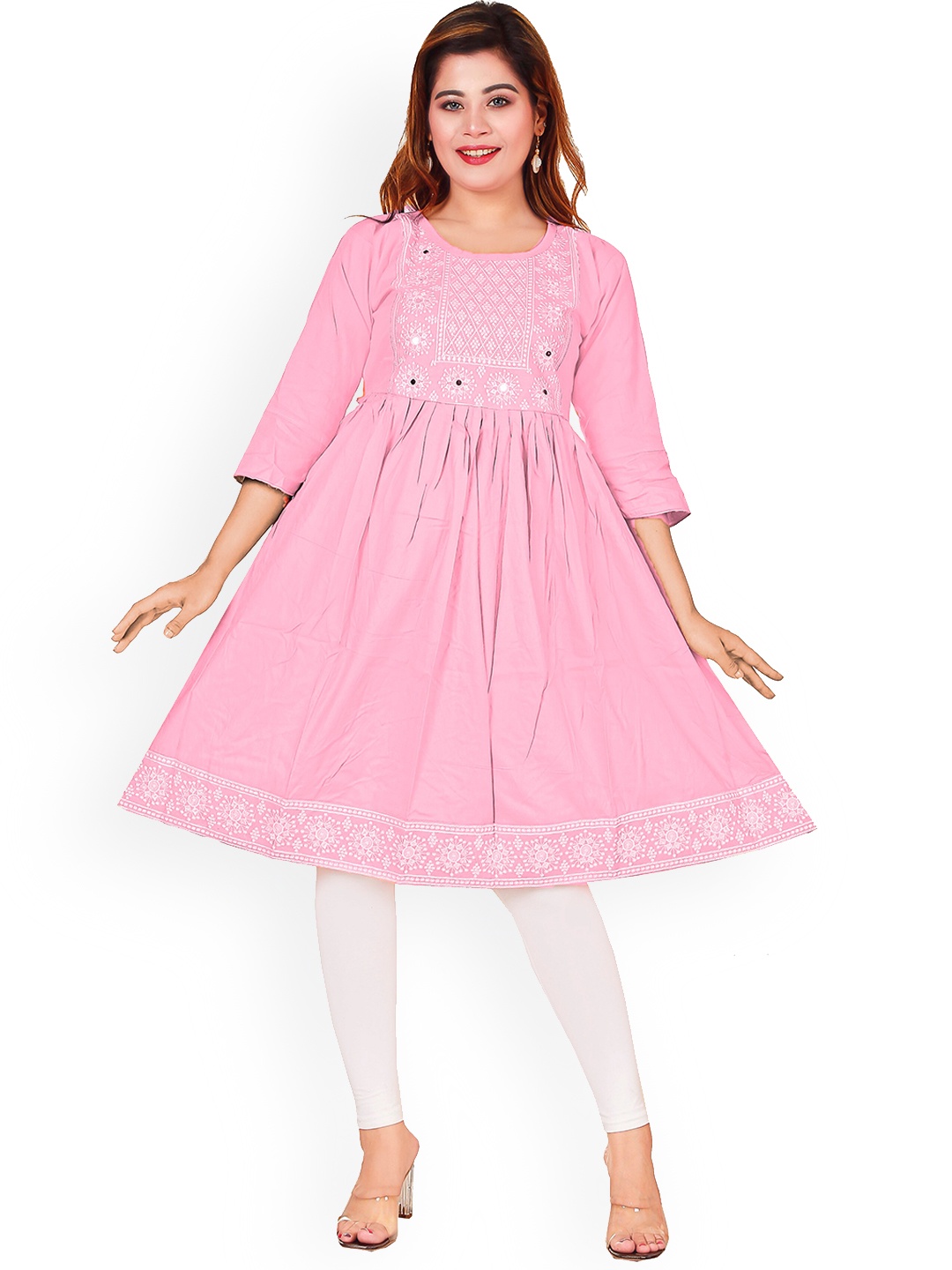 

BAESD Girls Ethnic Motifs Embroidered Mirror Work Anarkali Kurta, Pink