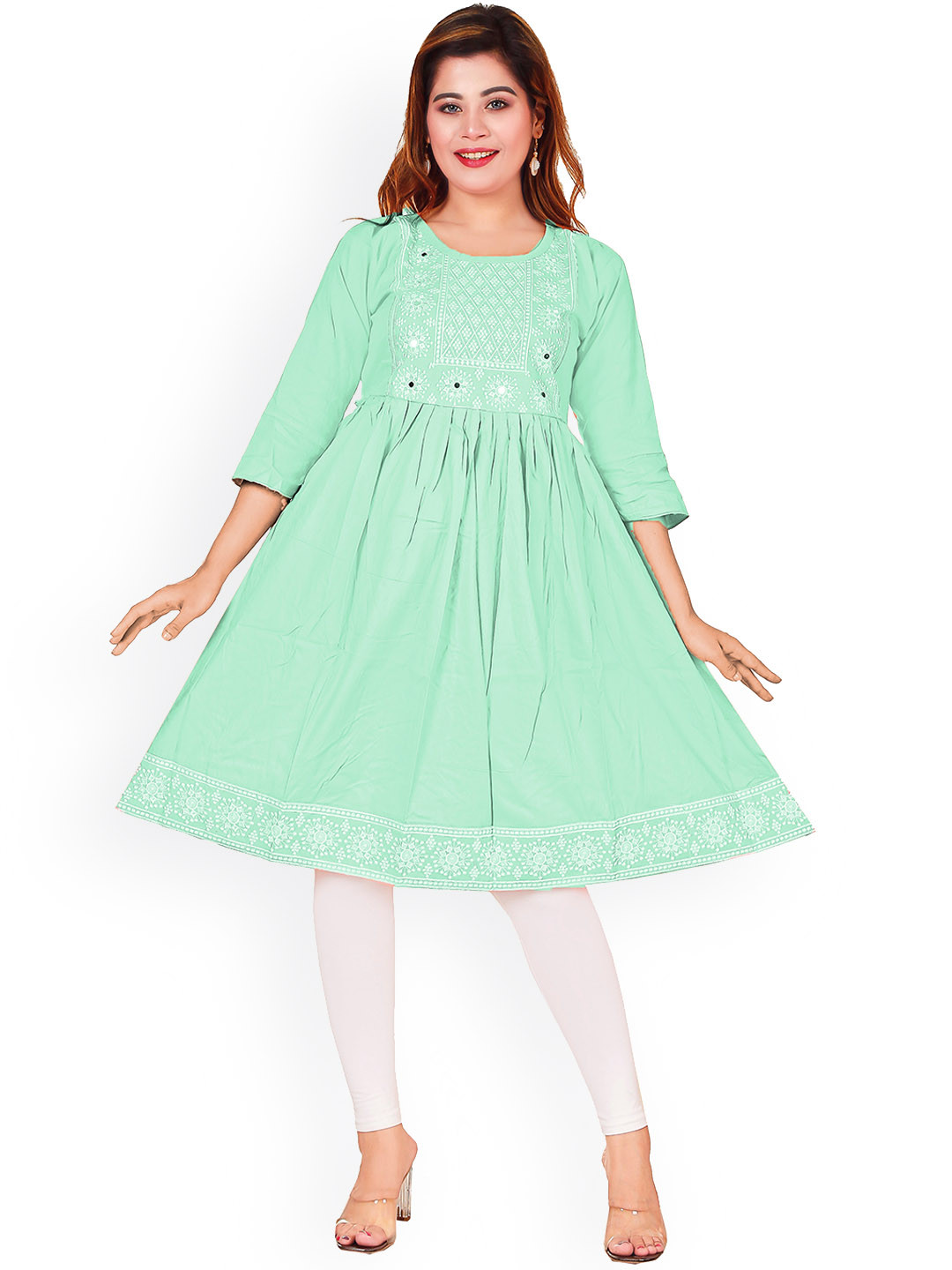 

BAESD Girls Ethnic Motifs Embroidered Mirror Work Anarkali Kurta, Sea green