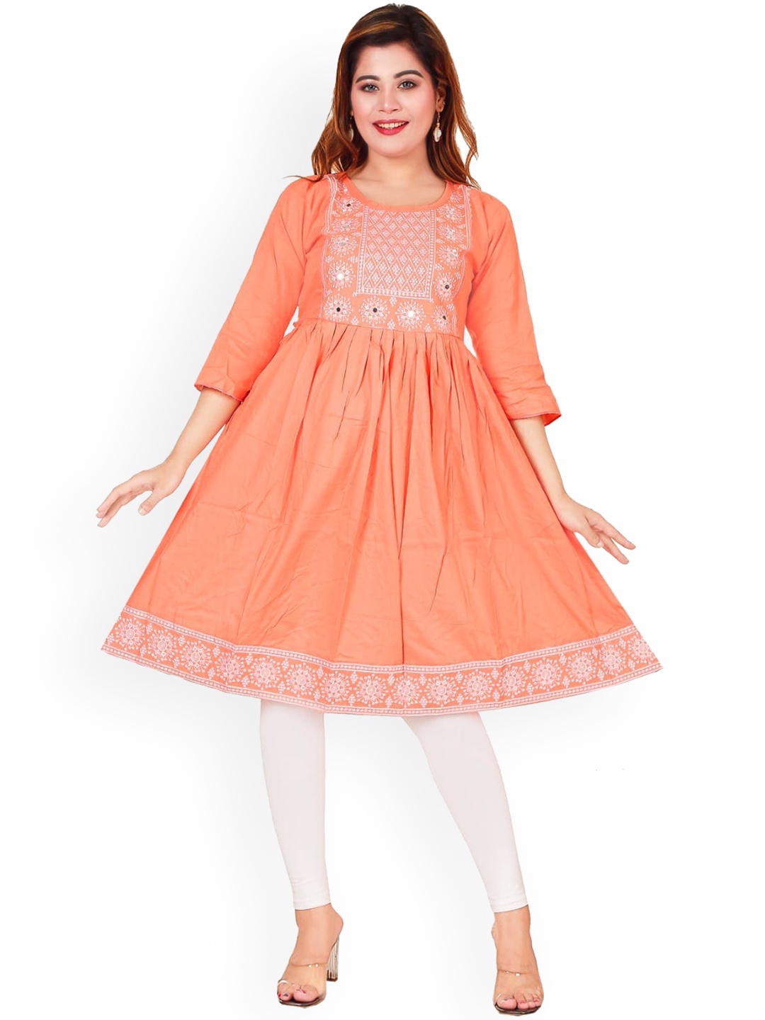 

BAESD Girls Ethnic Motifs Embroidered Mirror Work Anarkali Kurta, Coral