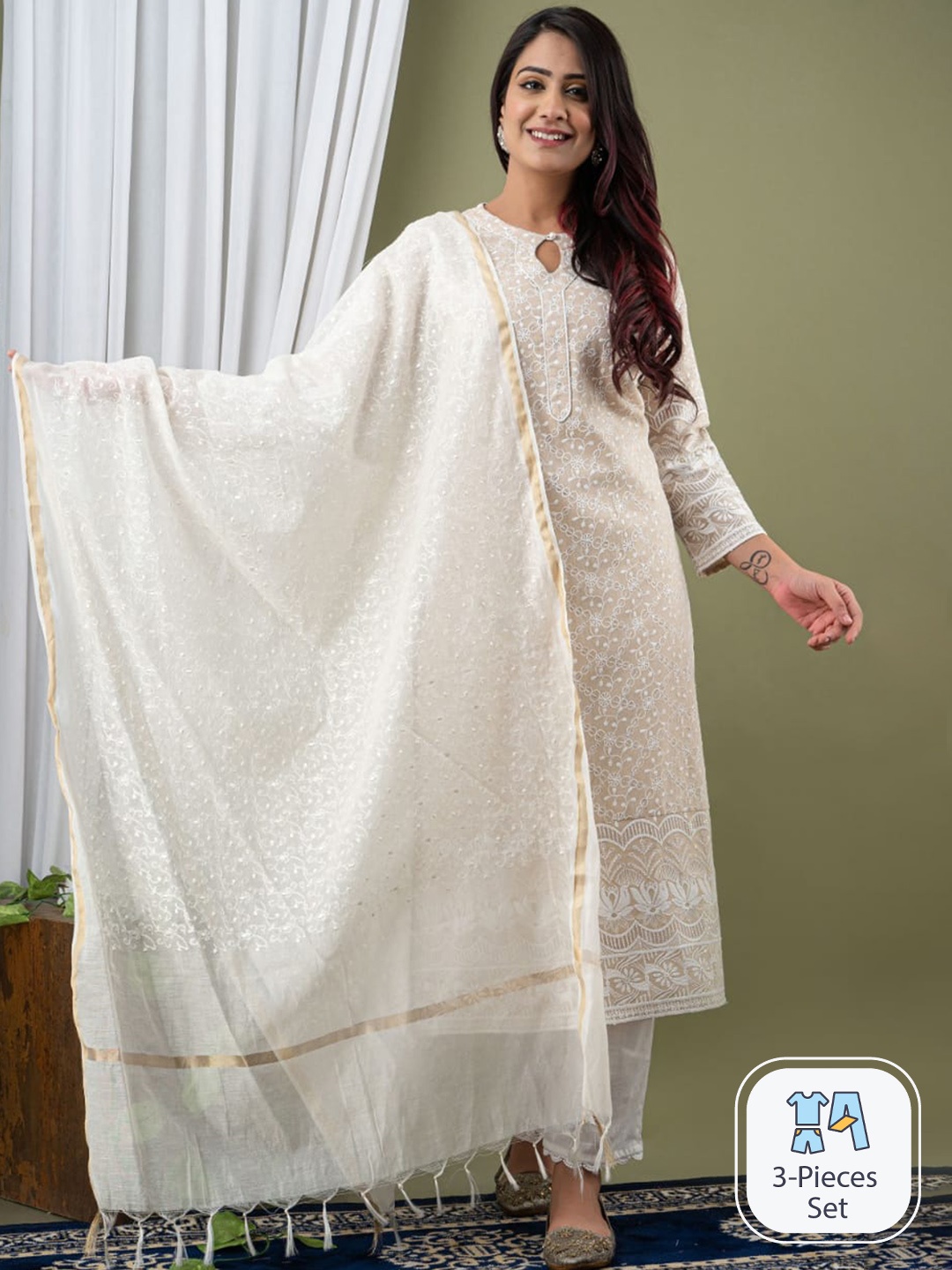 

ZARI Floral Embroidered Pure Cotton Straight Kurta & Trousers With Dupatta, Brown