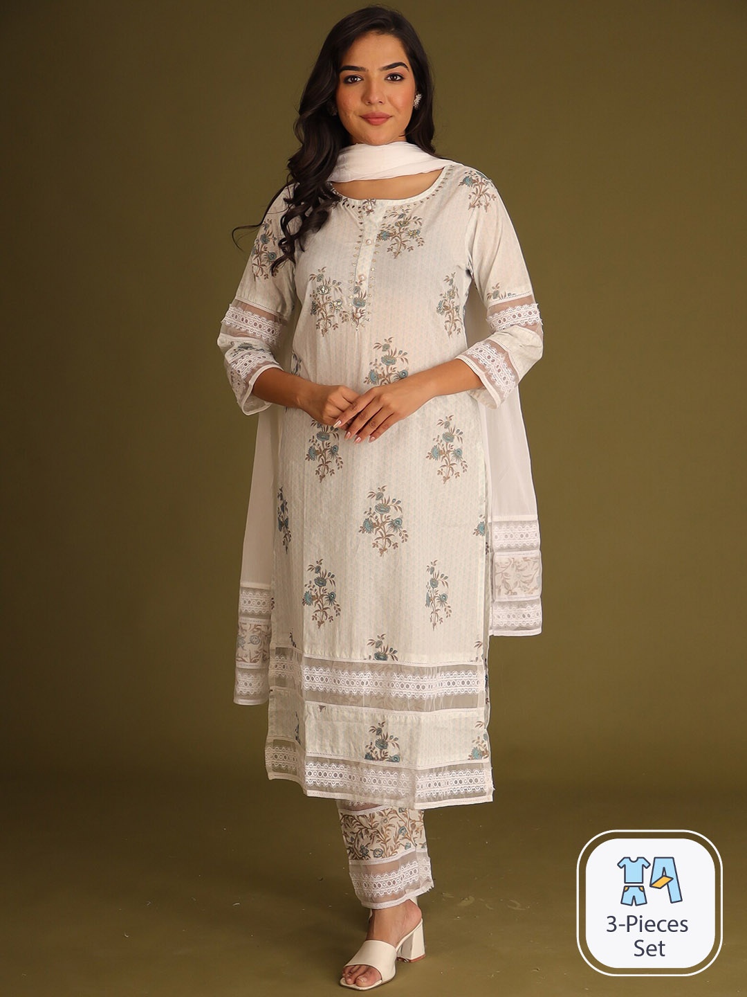 

ZARI Floral Printed Sequinned Chanderi Cotton Kurta & Palazzos With Dupatta, White